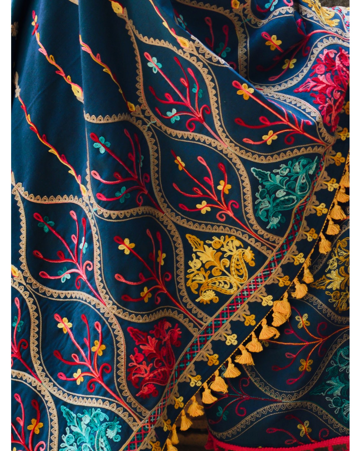 Women's Turqoise Blue Multi colour Asri heavily Embroidered Khadi Shawl/Dupatta With 
Yellow Tassel Lace - MESMORA FASHION