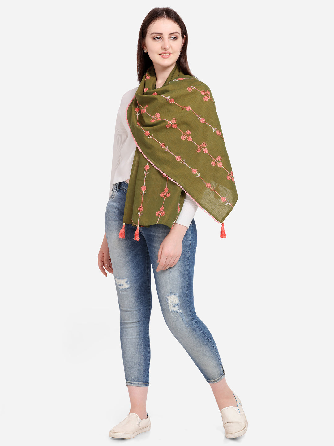 Women's   Tiny Floral Bunch Olive Green Embroidered Stole  - MESMORA FASHIONS