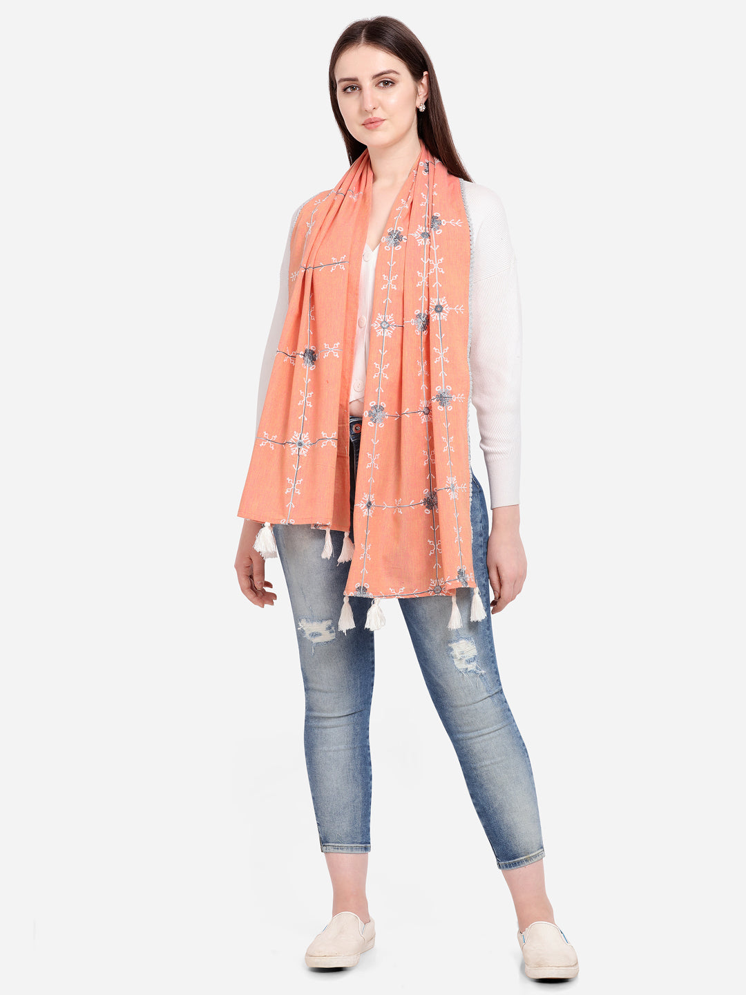 Women's   Peach Snowflake Embroidered rich khadi scarf/stole  -  MESMORA FASHIONS