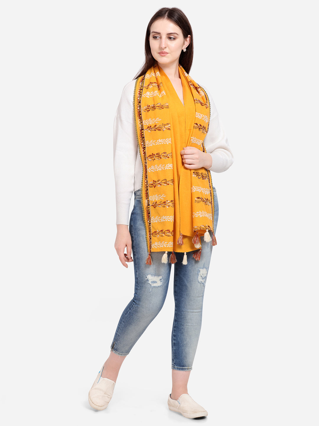 Women's   Earthy Grassroot Khadi Yellow Embroidered Stole/scarf - MESMORA FASHIONS