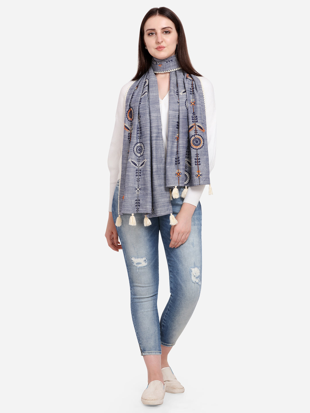 Women's   Charmed Cement Indigo Khadi Embrodiered Stole/Scarf - MESMORA FASHIONS