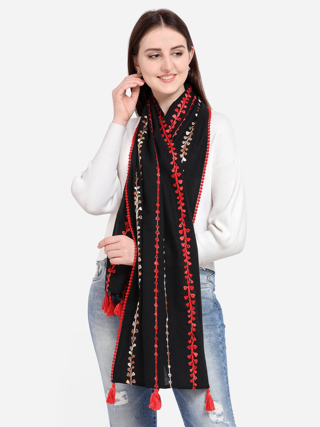 Women's   Red Little Hearts Khadi Black Embroidered Stole/Scarf  - MESMORA FASHIONS
