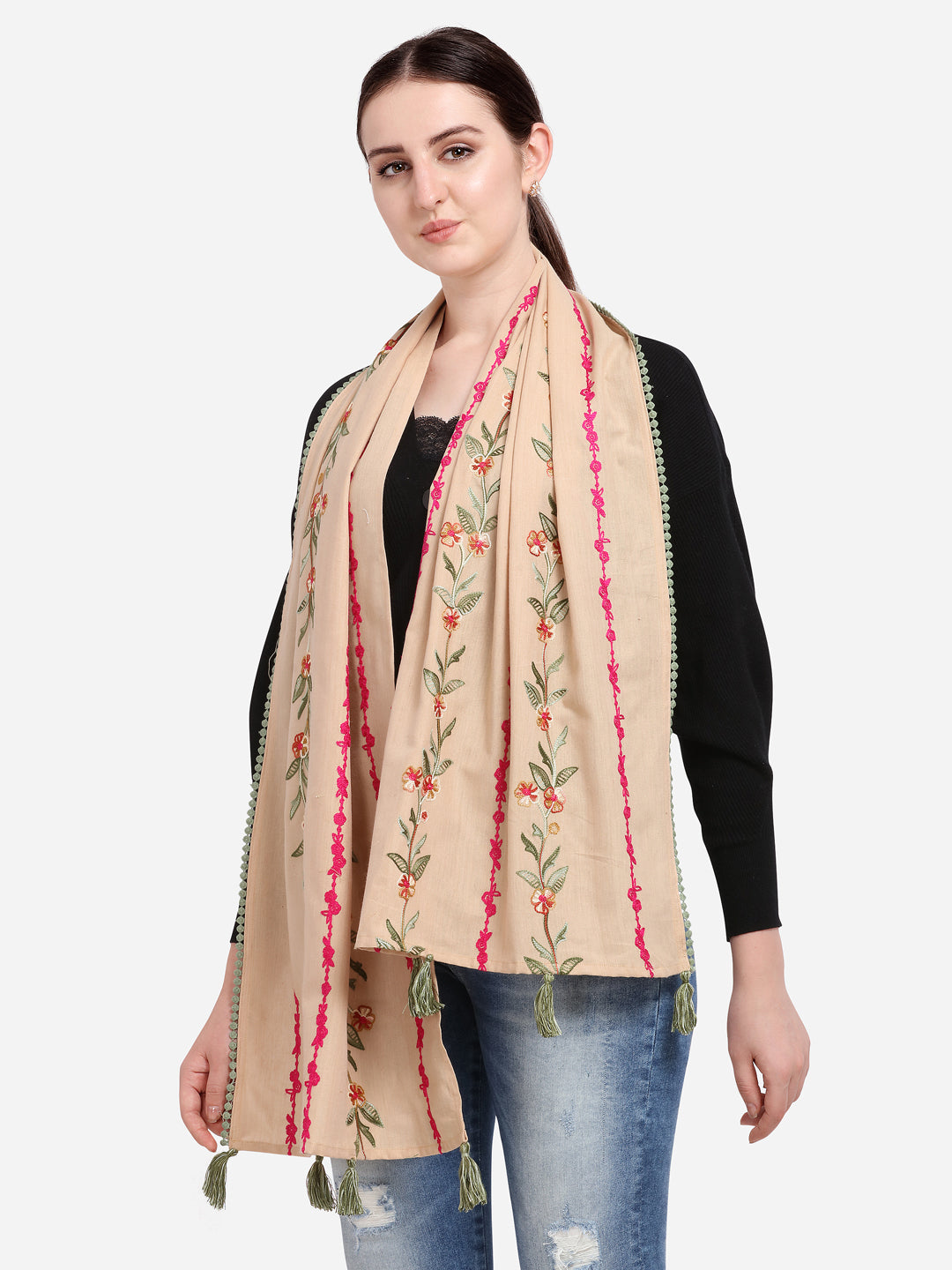 Women's   Pink Olive Flower Embroidered Khadi Beige Stole  - MESMORA FASHIONS