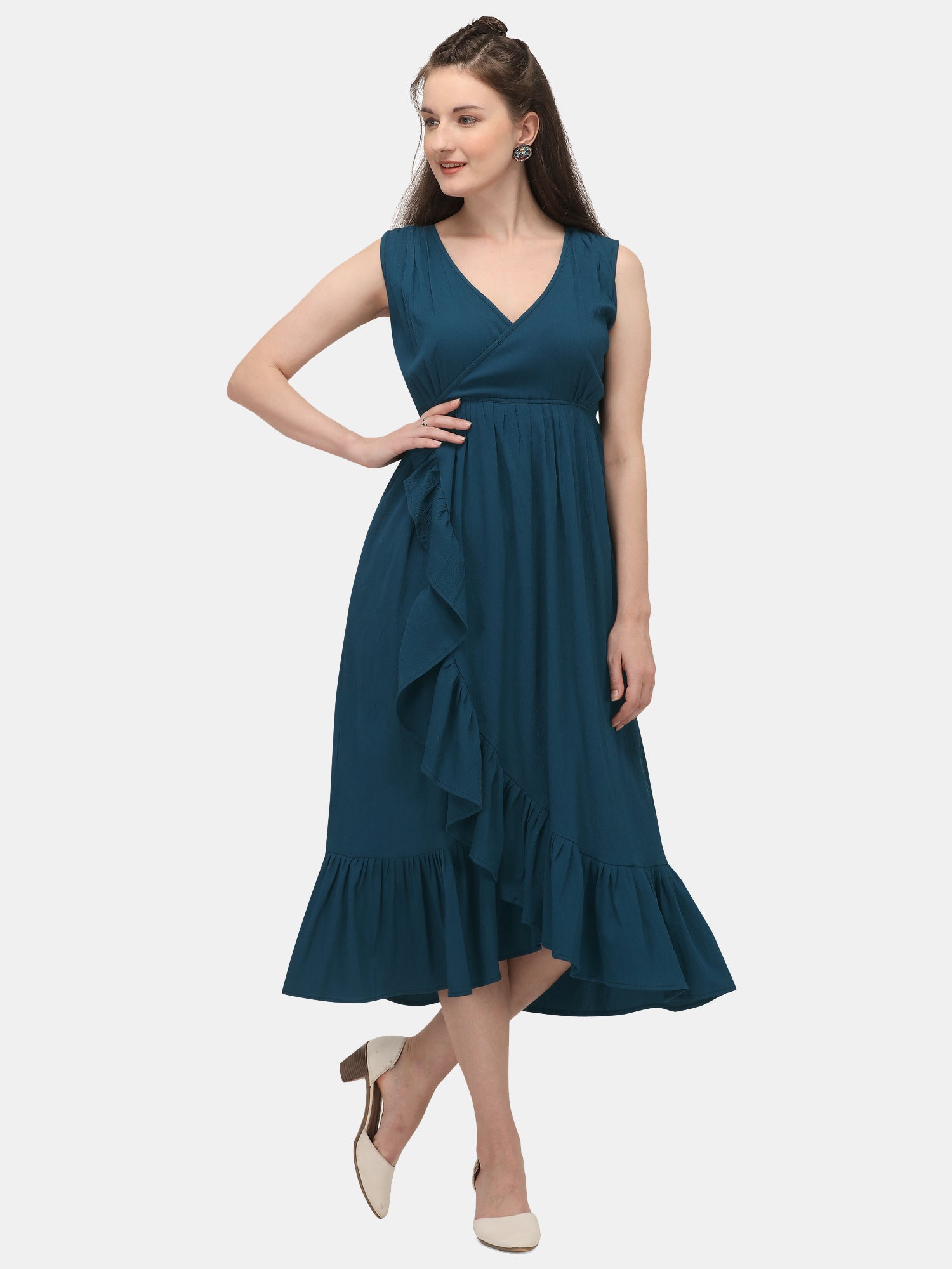 Women's Turquoise Long Ankle Length Frill Dress - MESMORA FASHIONS