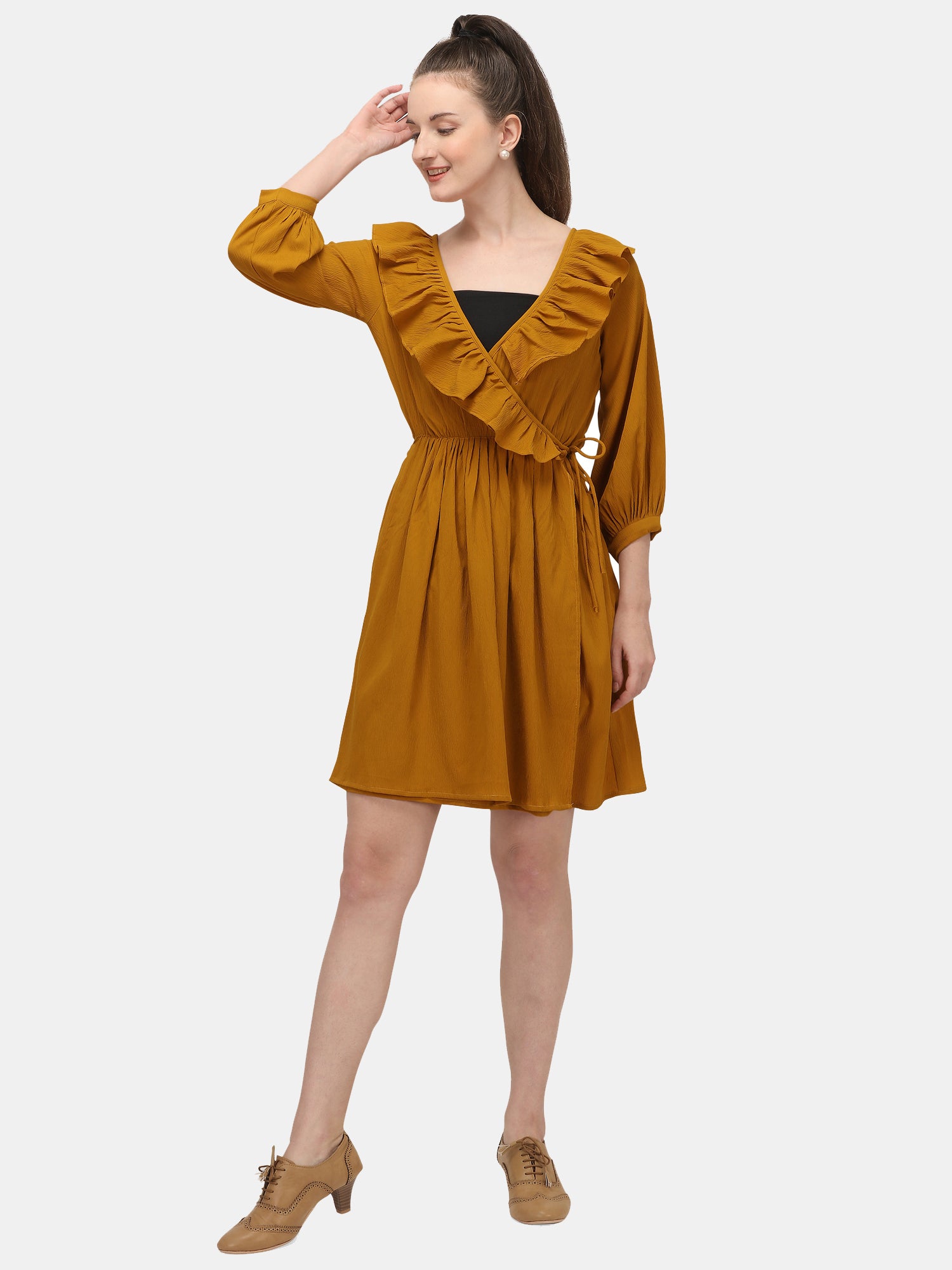 Women's Musturd Ruffle Short Knee Length Dress -  MESMORA FASHIONS