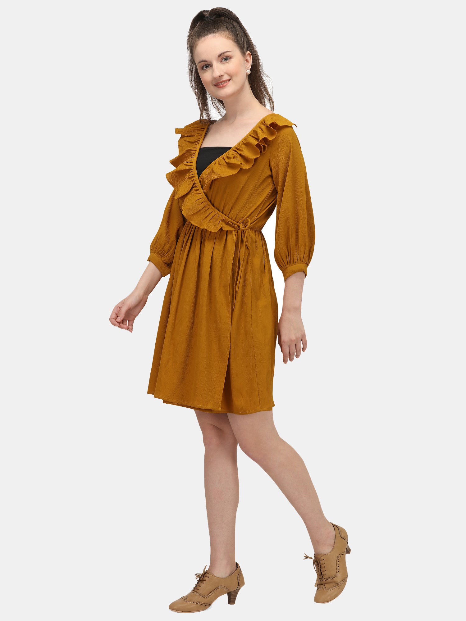 Women's Musturd Ruffle Short Knee Length Dress -  MESMORA FASHIONS