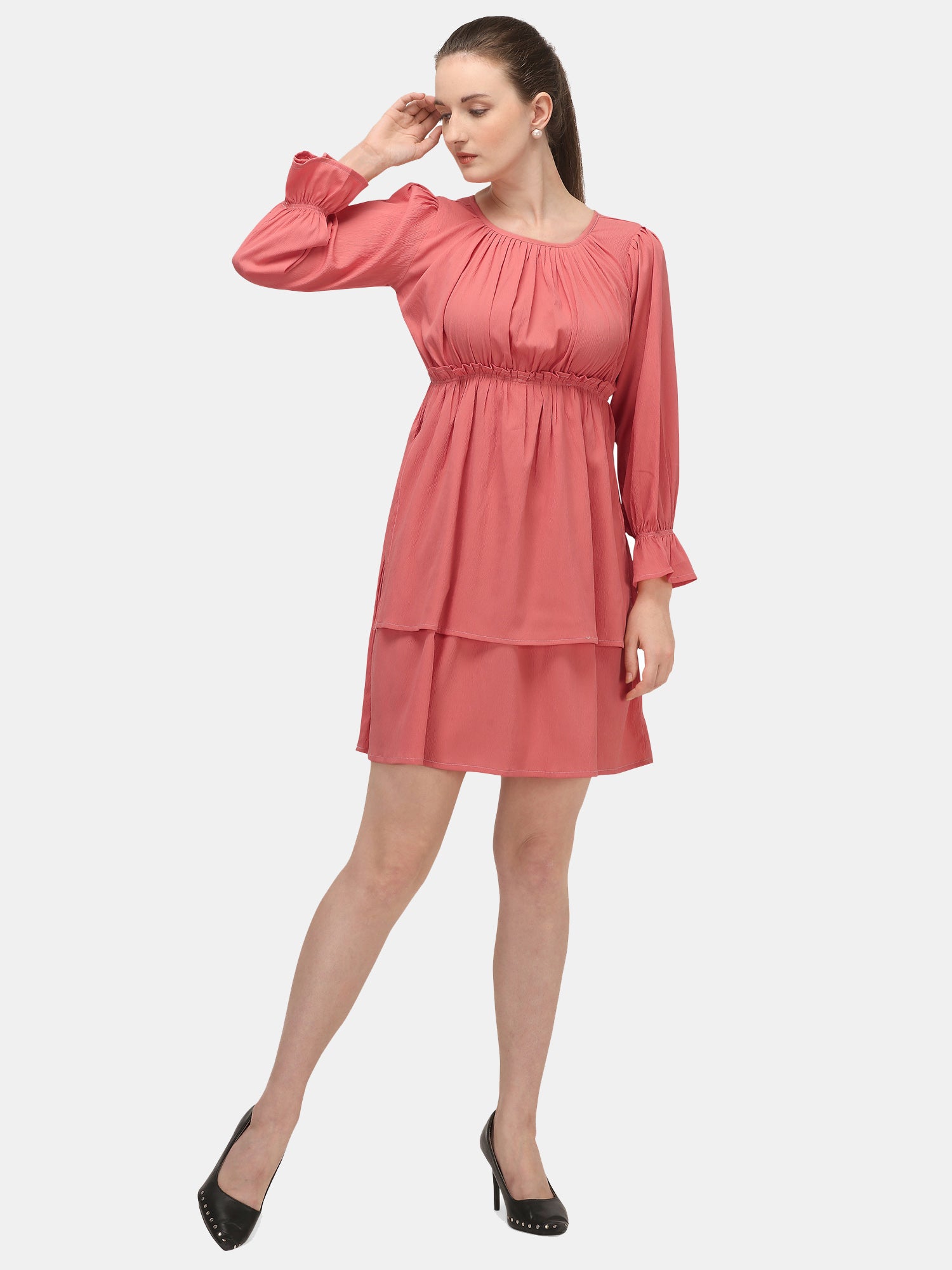Women's Baby Pink Front Pleated Knee Length Tunic Dress - MESMORA FASHIONS