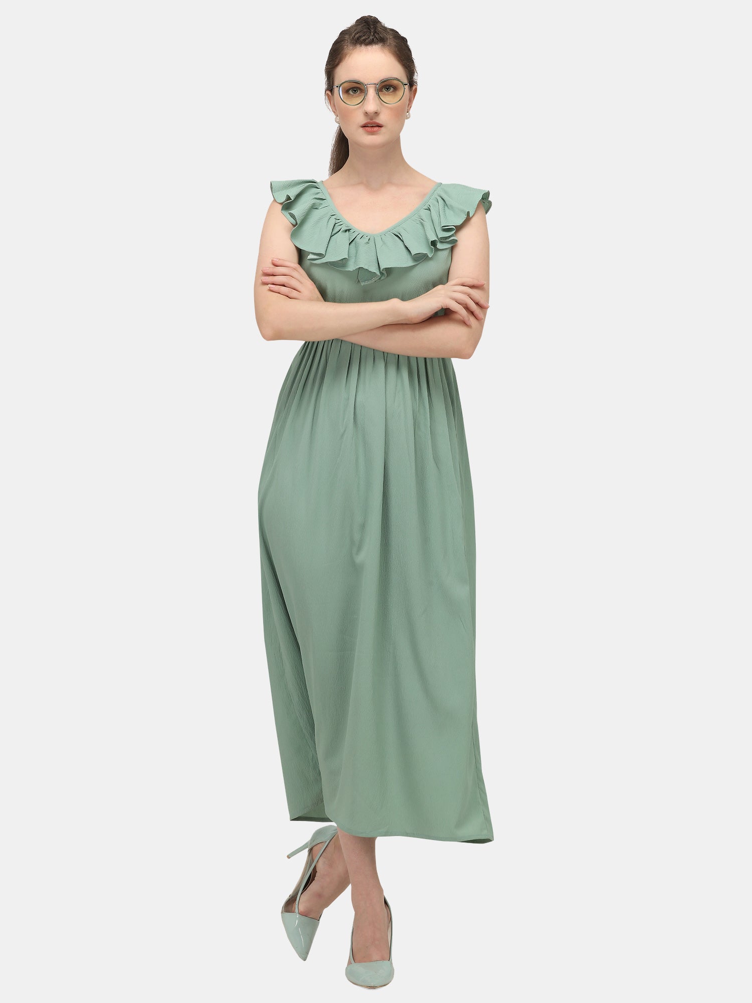 Women's Dusty Green Long Ankle Length Ruffle Dress - MESMORA FASHIONS