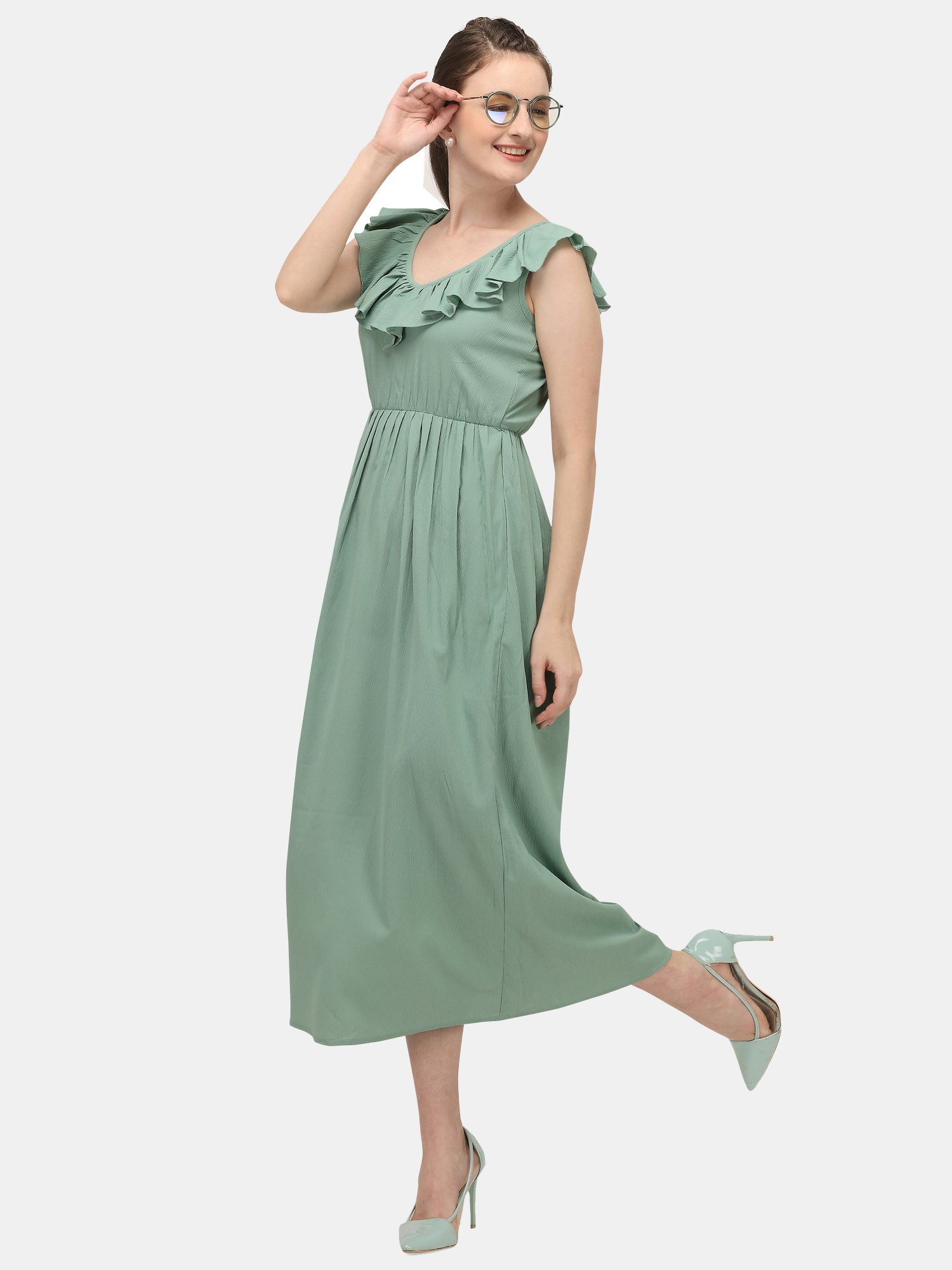 Women's Dusty Green Long Ankle Length Ruffle Dress - MESMORA FASHIONS