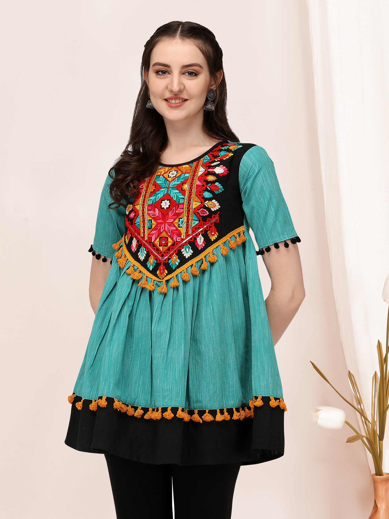 Women's Turquoise and black embroidered long kedia top - MESMORA FASHION