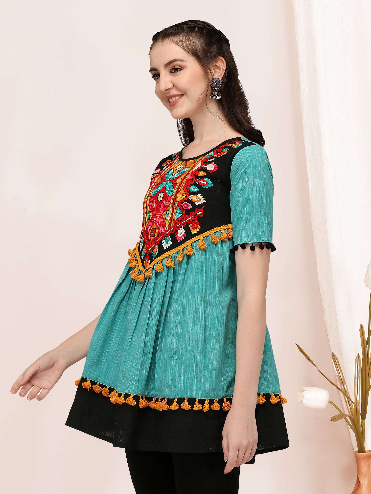 Women's Turquoise and black embroidered long kedia top - MESMORA FASHION