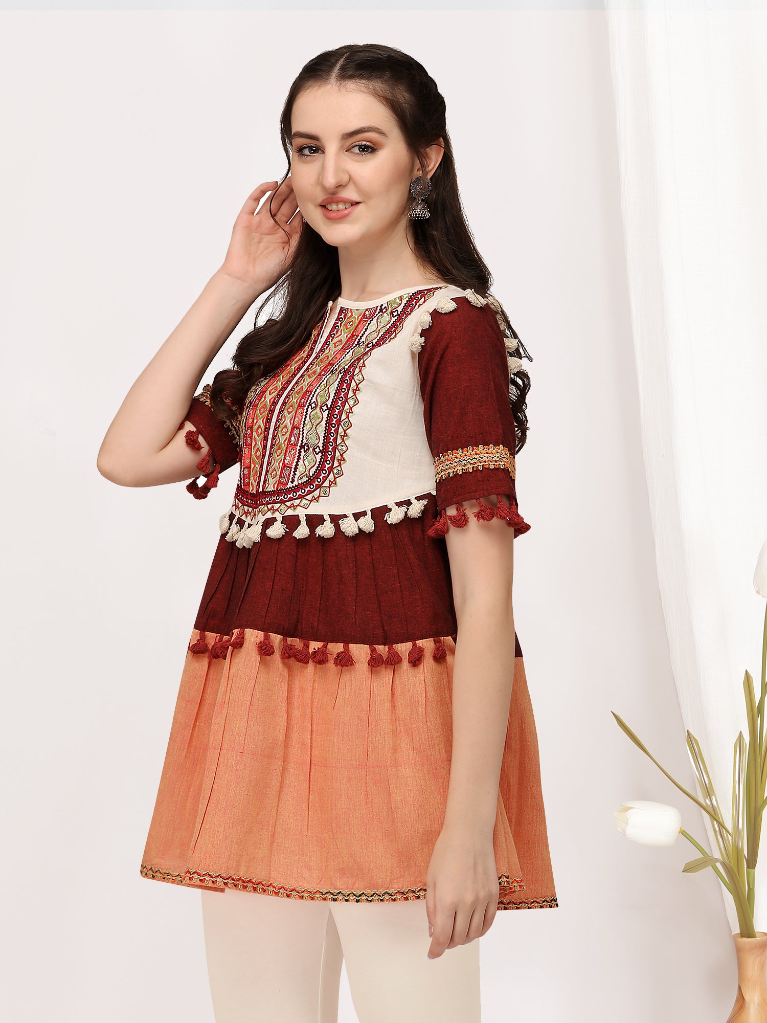 Women's Cute off-white and peach embroidered long kedia top - MESMORA FASHION