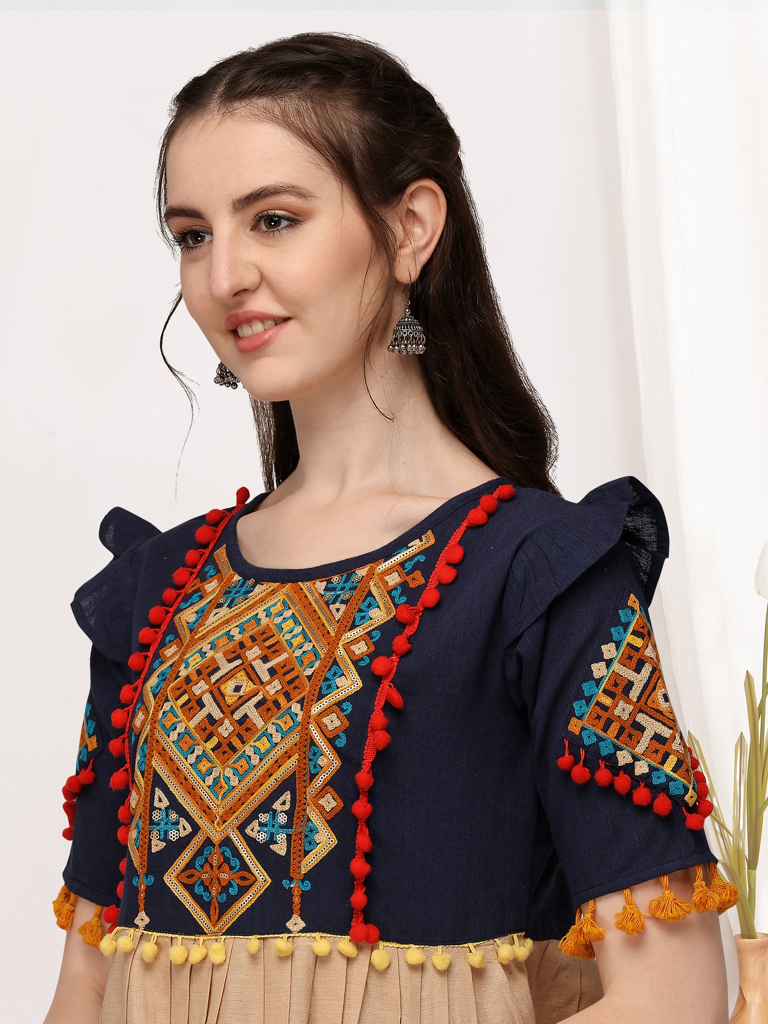 Women's Turquoise embroidered long kedia top - MESMORA FASHION