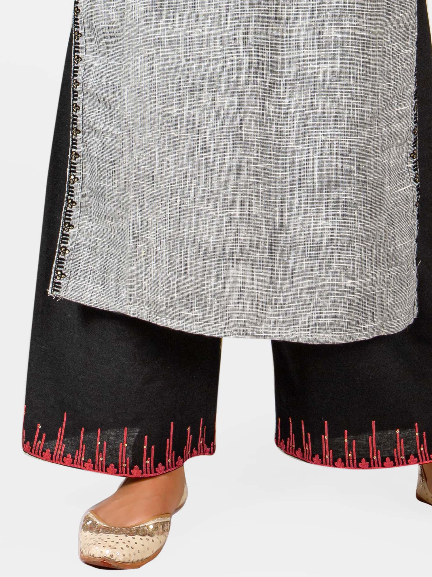 Women's Silver slub embroidered neck kurta with black palazzo - MESMORA FASHION