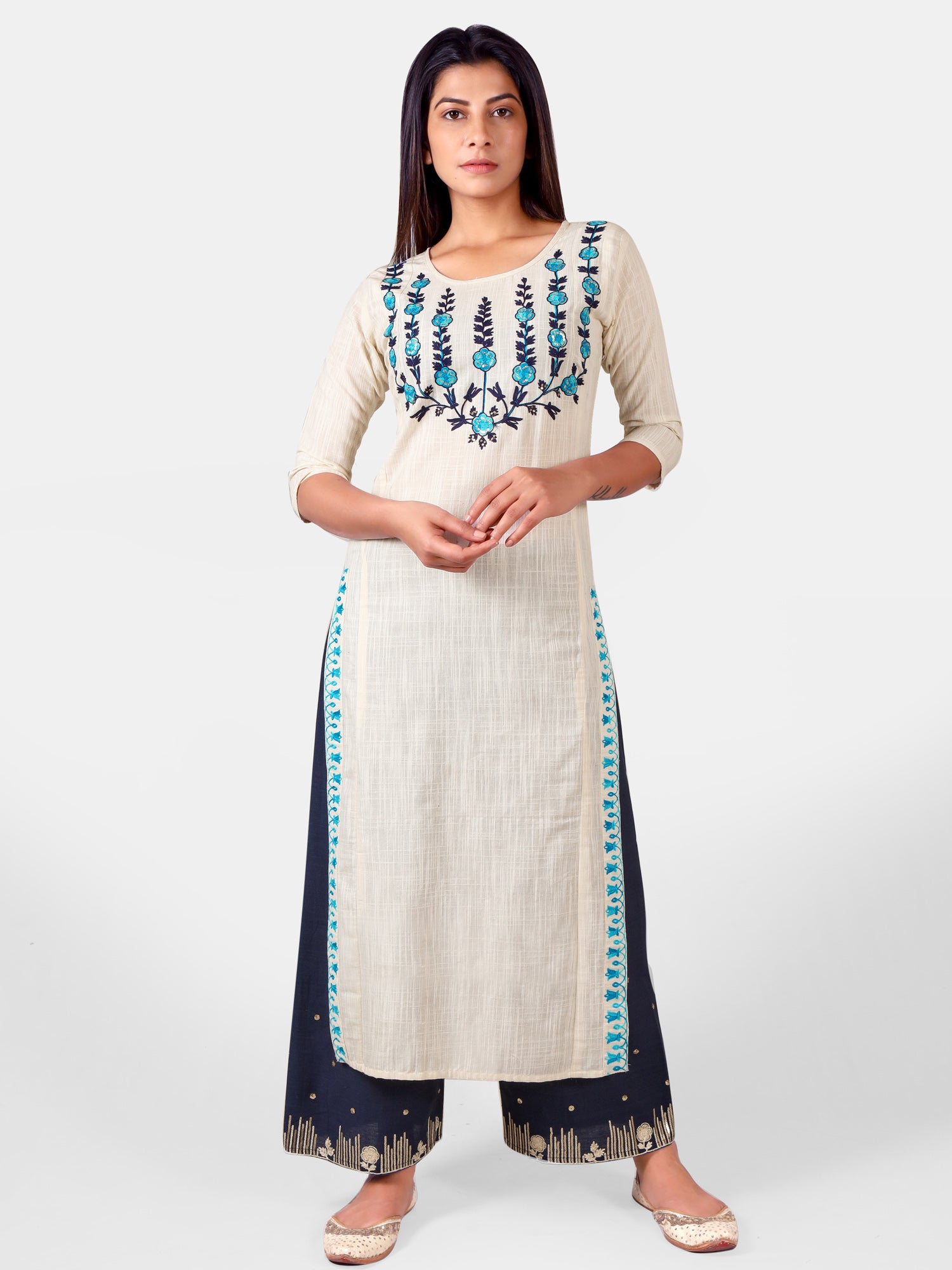 Women's Off White embroidery line kurta with neavy blue palazzo  - MESMORA FASHION
