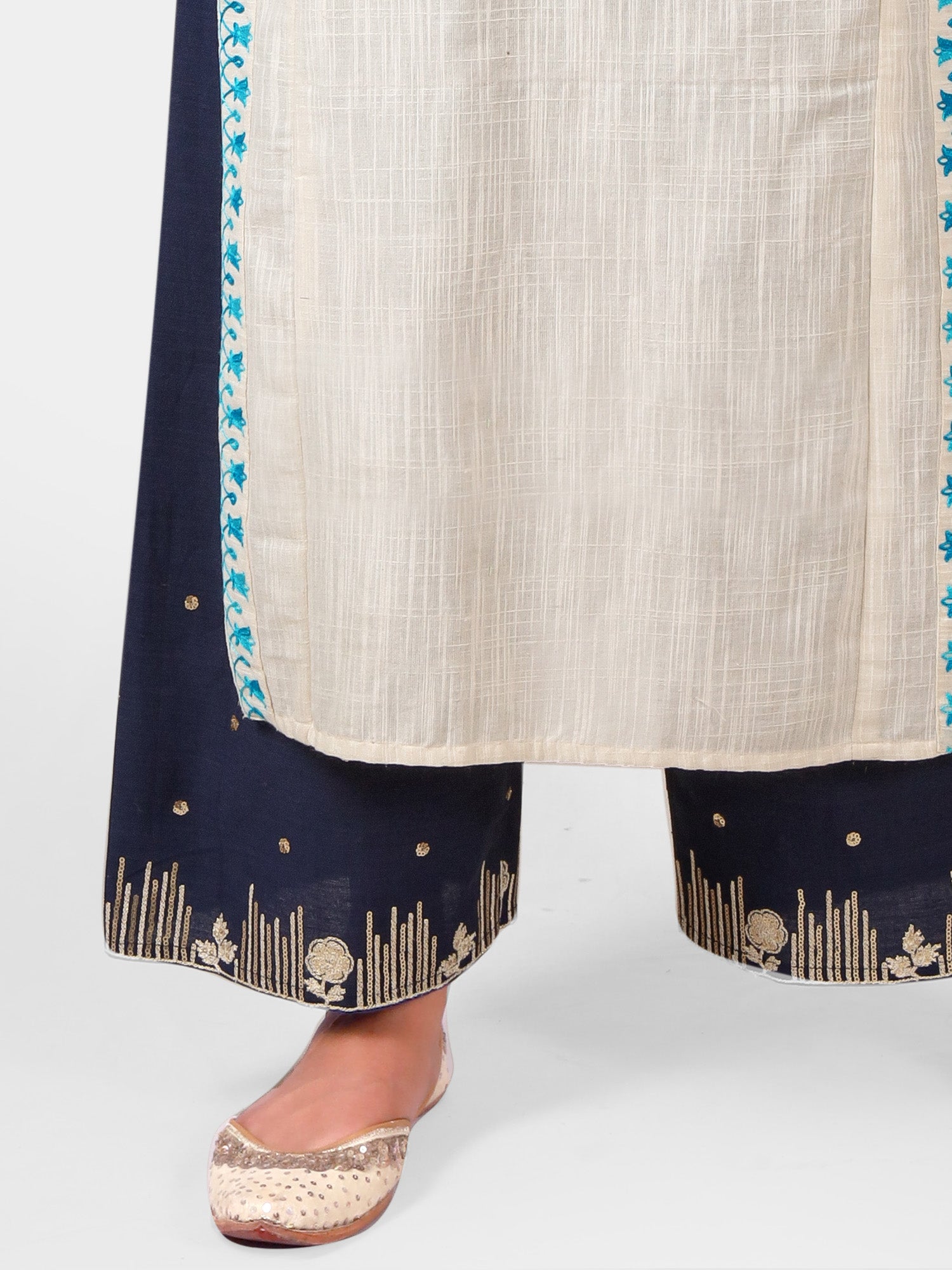 Women's Off White embroidery line kurta with neavy blue palazzo  - MESMORA FASHION