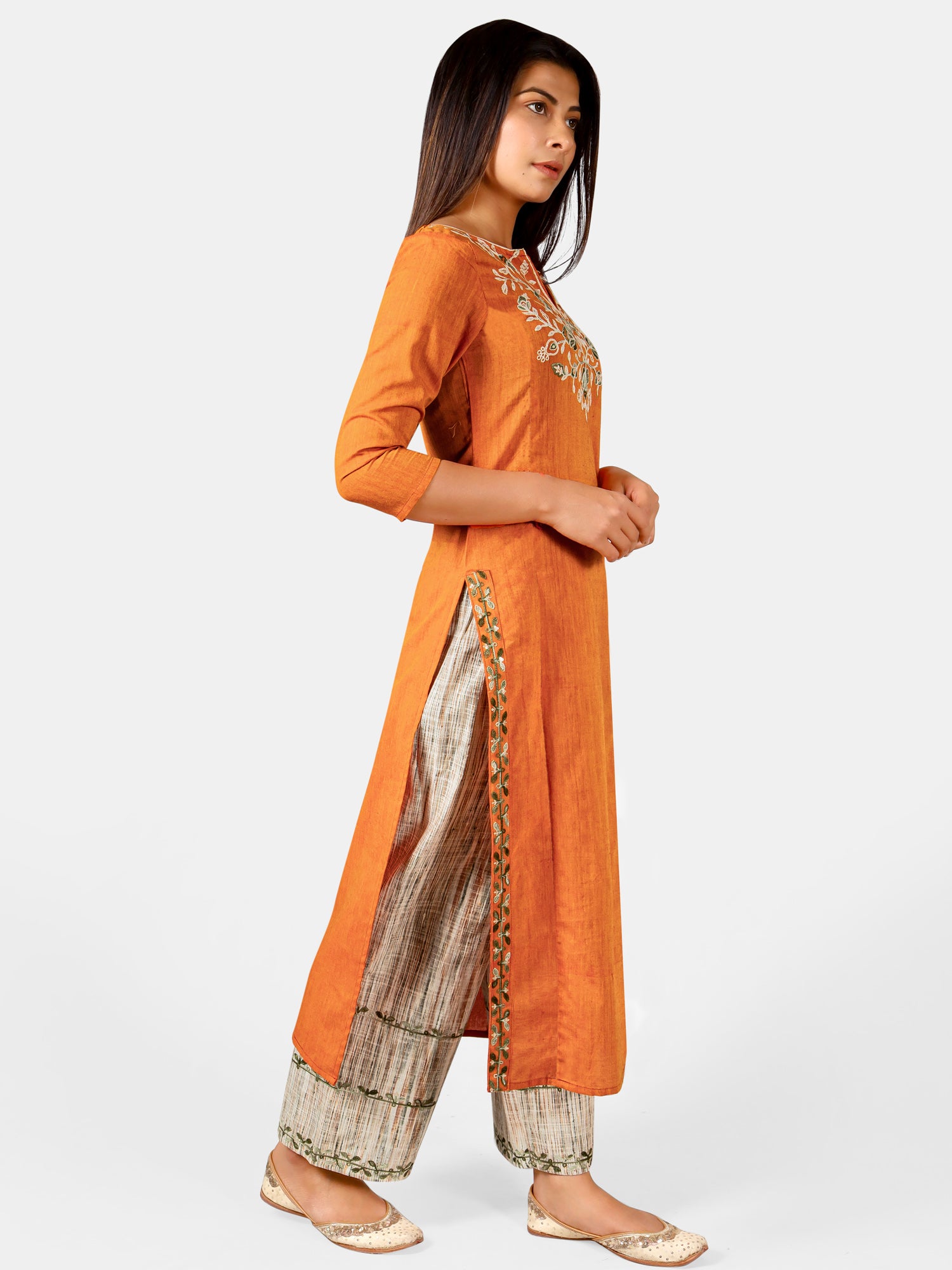 Women's Orange long kurta with rust canvas palazzo - MESMORA FASHION