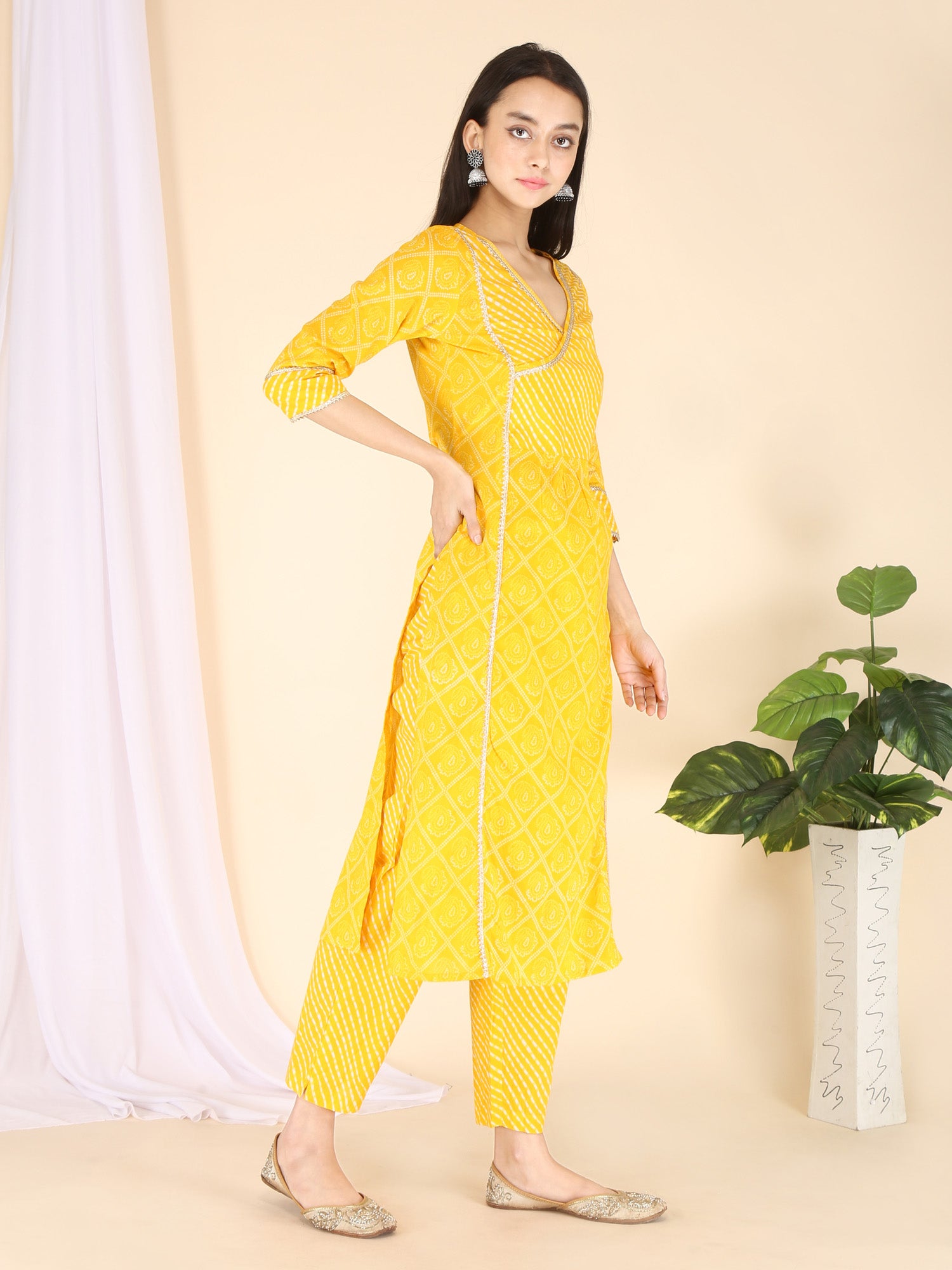 Women's Yellow Bandhani Front Pleated Only Suit - MESMORA FASHION