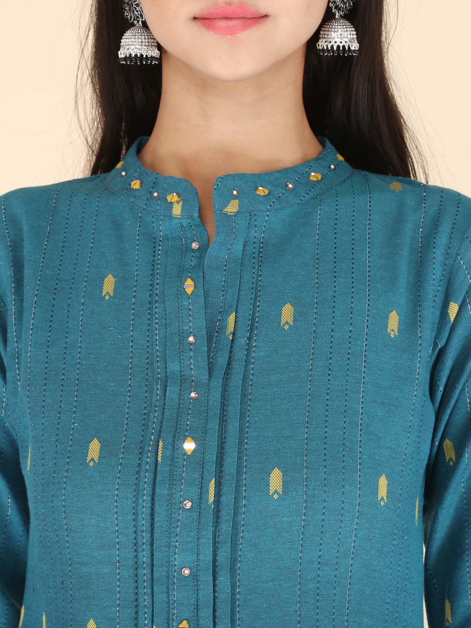 Women's Turquoise Standcollar  kurta set with silk dupatta(3 Pieces) - MESMORA FASHION