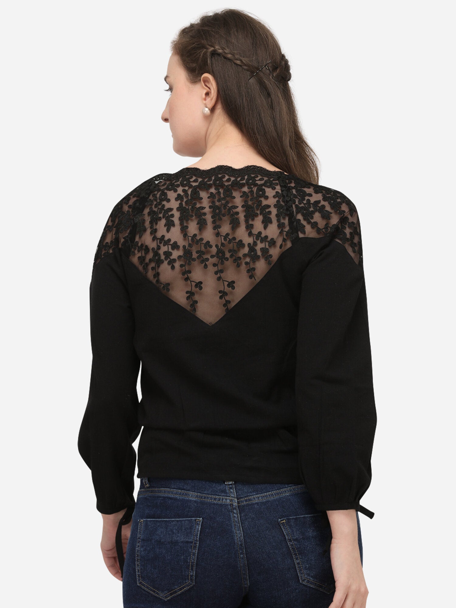 Women's Black Embroidered Full Sleeve Only Top - MESMORA FASHION
