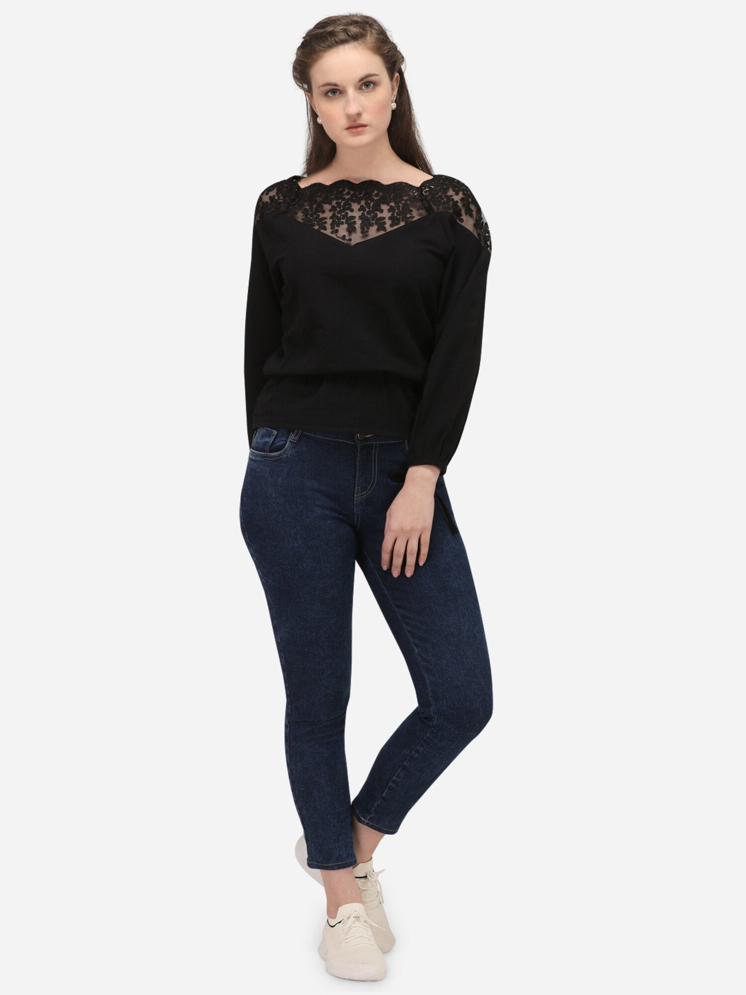 Women's Black Embroidered Full Sleeve Only Top - MESMORA FASHION