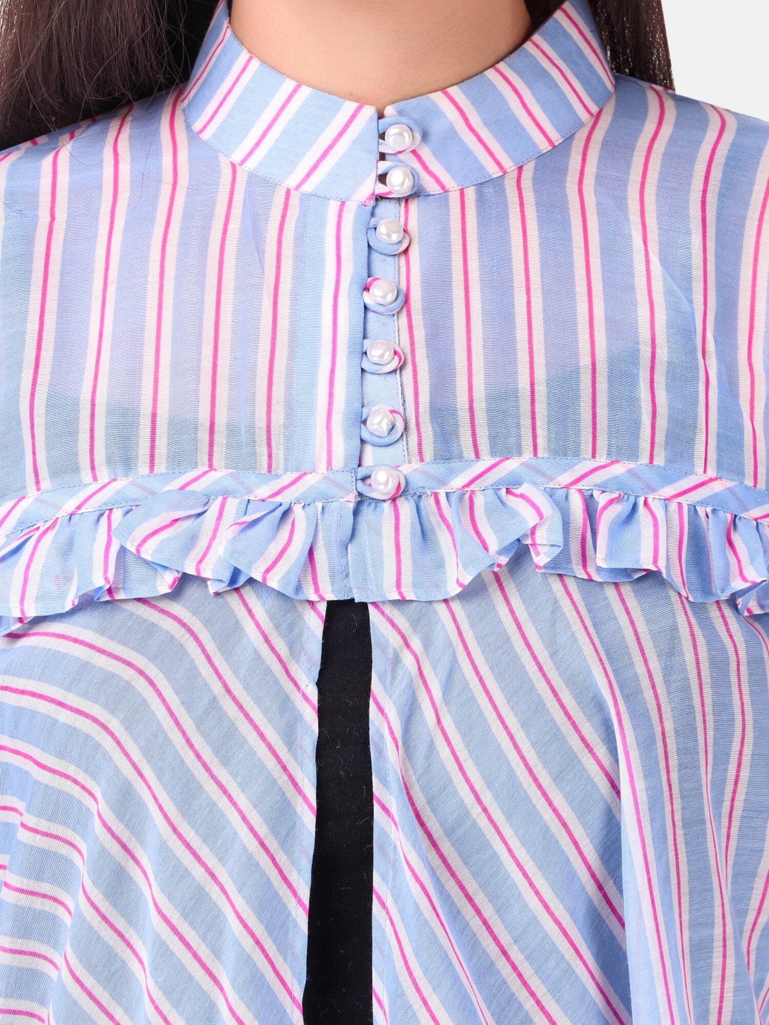 Women's Blue Stripe Soft Cotton High Neck Only Top - MESMORA FASHION