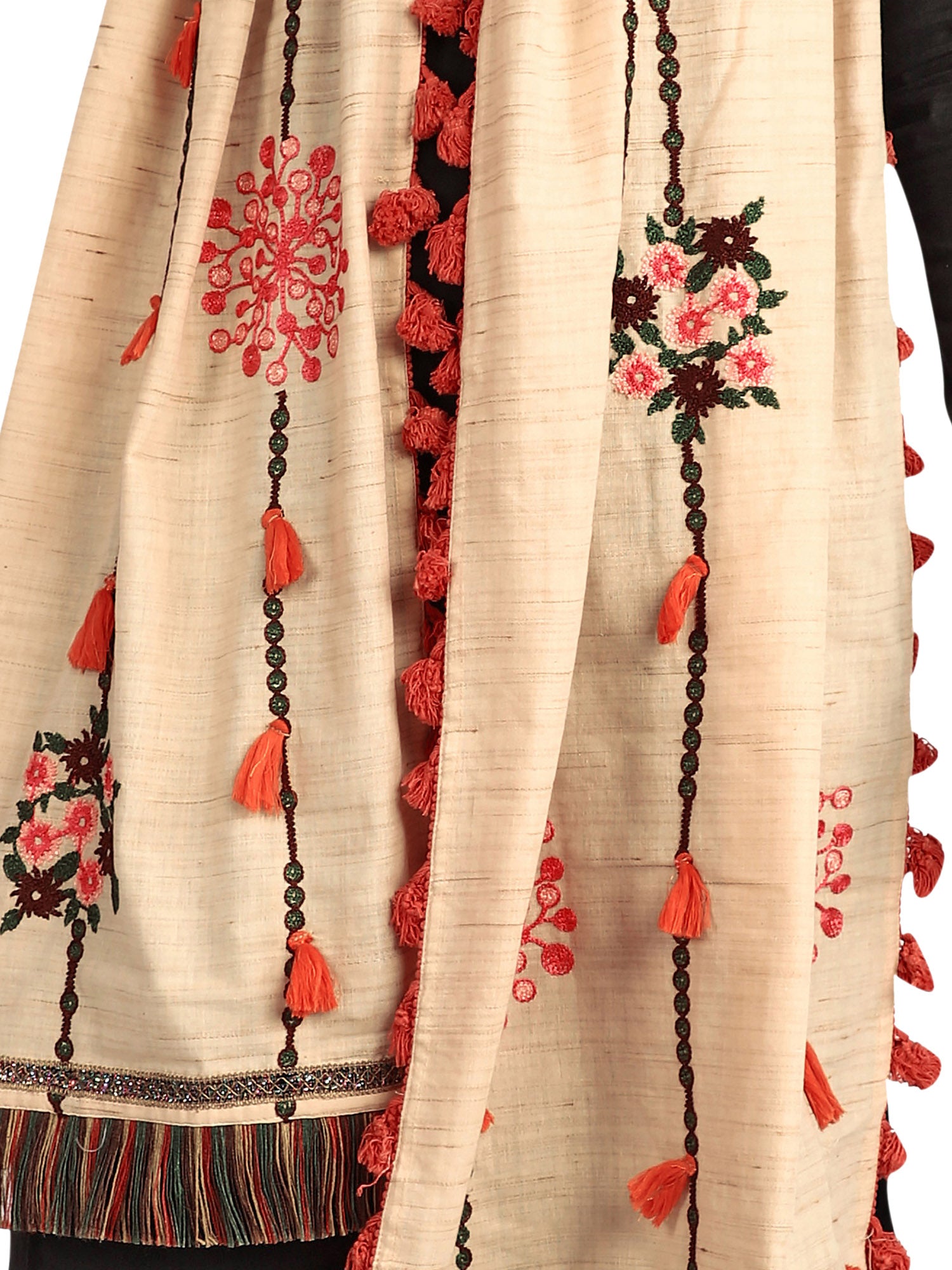 Women's Beige Slub Khadi Floral Embroidered festive Dupatta - MESMORA FASHION