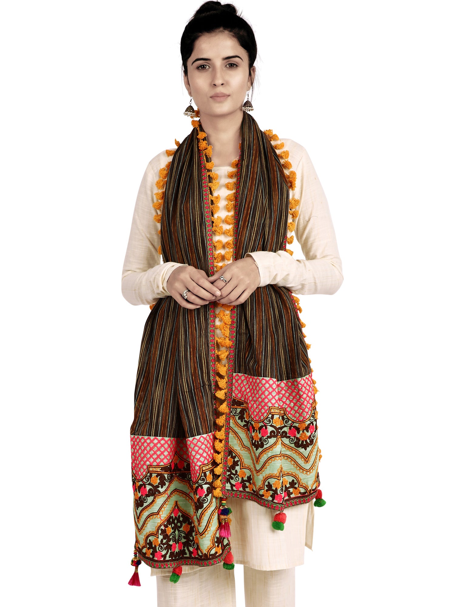 Women's Temple Embroidered Panel Linen Festive Dupatta - MESMORA FASHION
