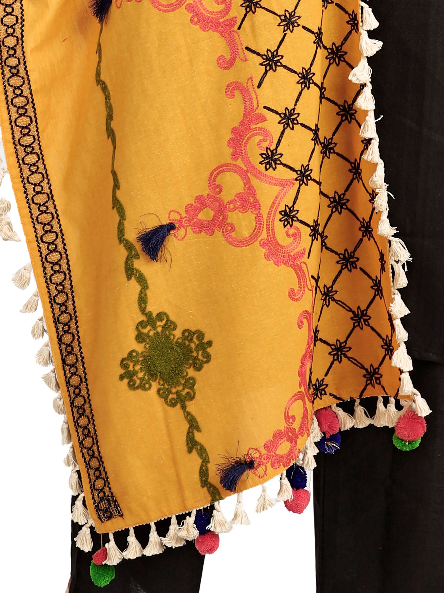 Women's Mustard Temple Embroidered Linen Festive Dupatta - MESMORA FASHION