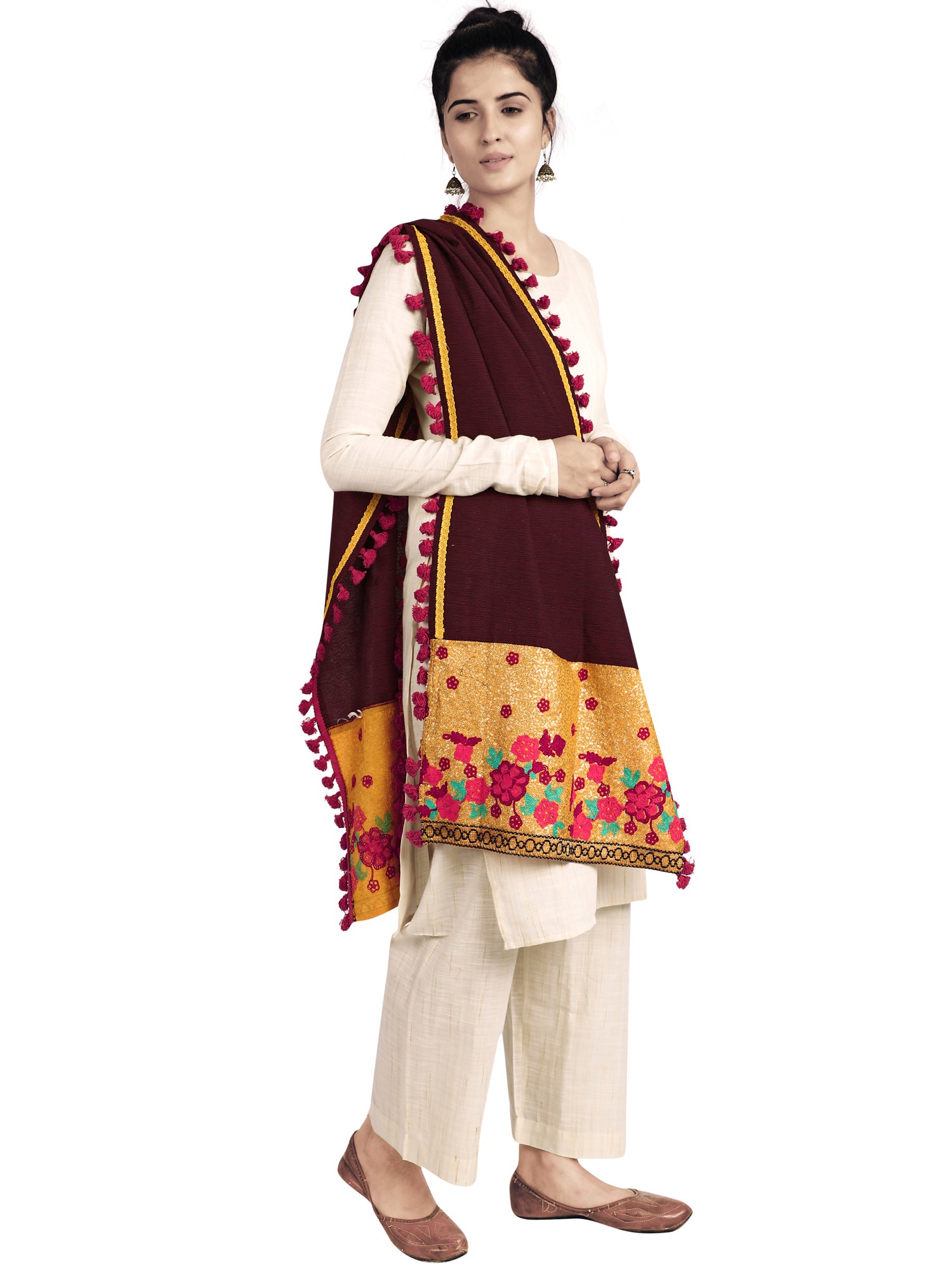 Women's Mustard Floral Panel Linen Festive Dupatta - MESMORA FASHION