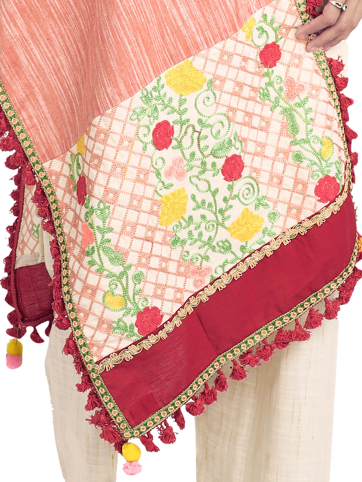 Women's Peach Floral Embroidered Linen Festive Dupatta - MESMORA FASHION