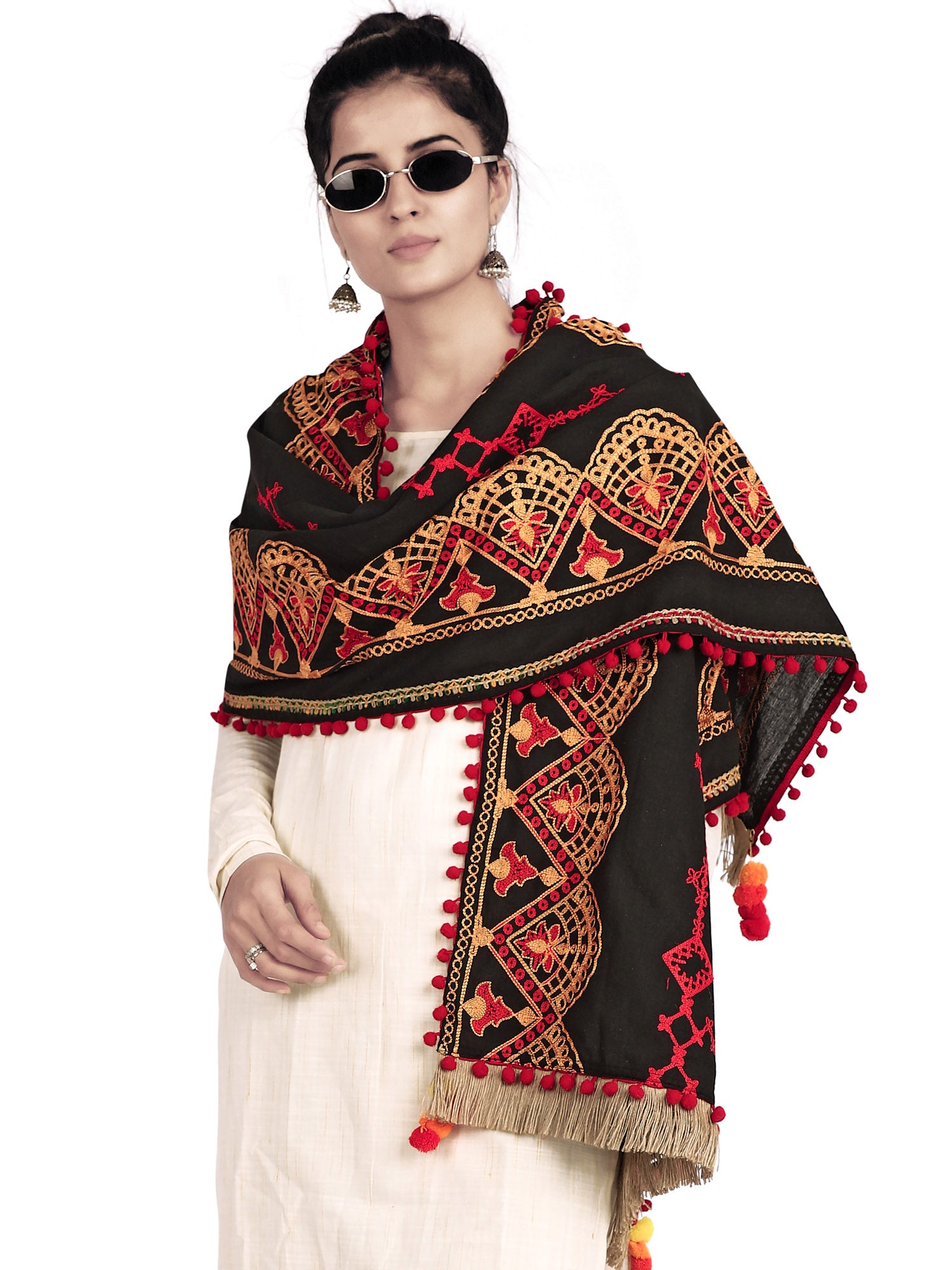 Women's Black Traditional Embroidered Linen Festive Dupatta - MESMORA FASHION