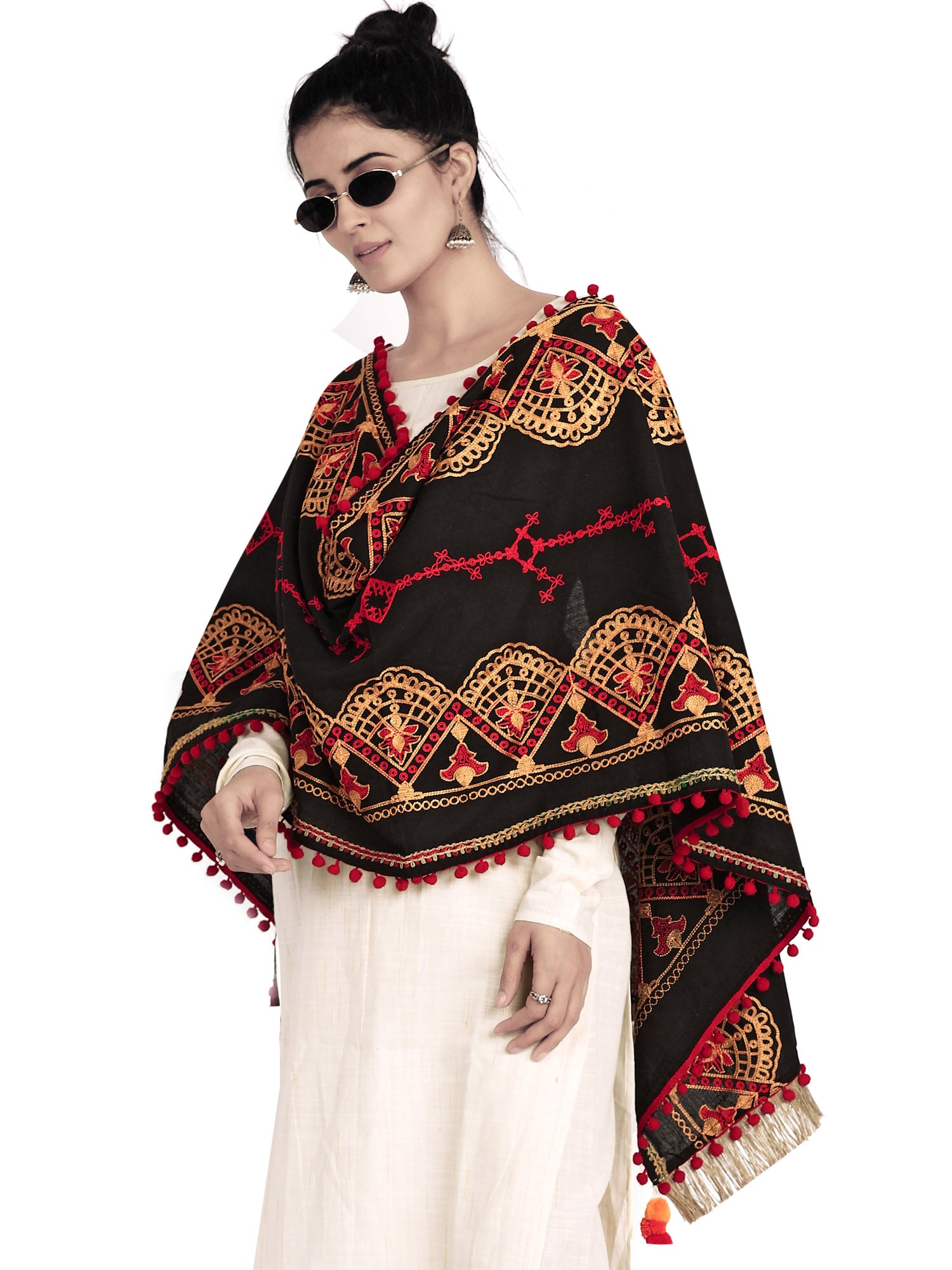 Women's Black Traditional Embroidered Linen Festive Dupatta - MESMORA FASHION