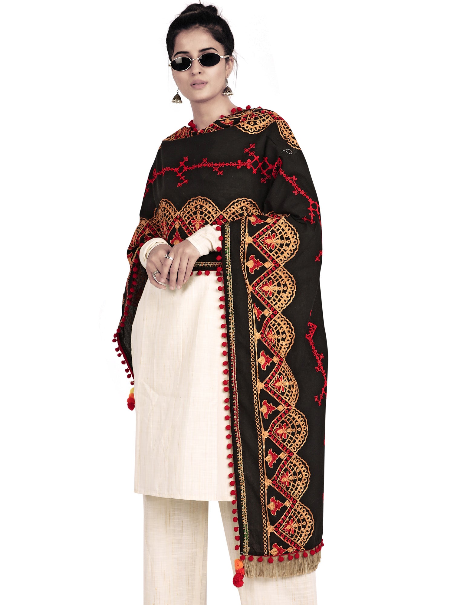 Women's Black Traditional Embroidered Linen Festive Dupatta - MESMORA FASHION