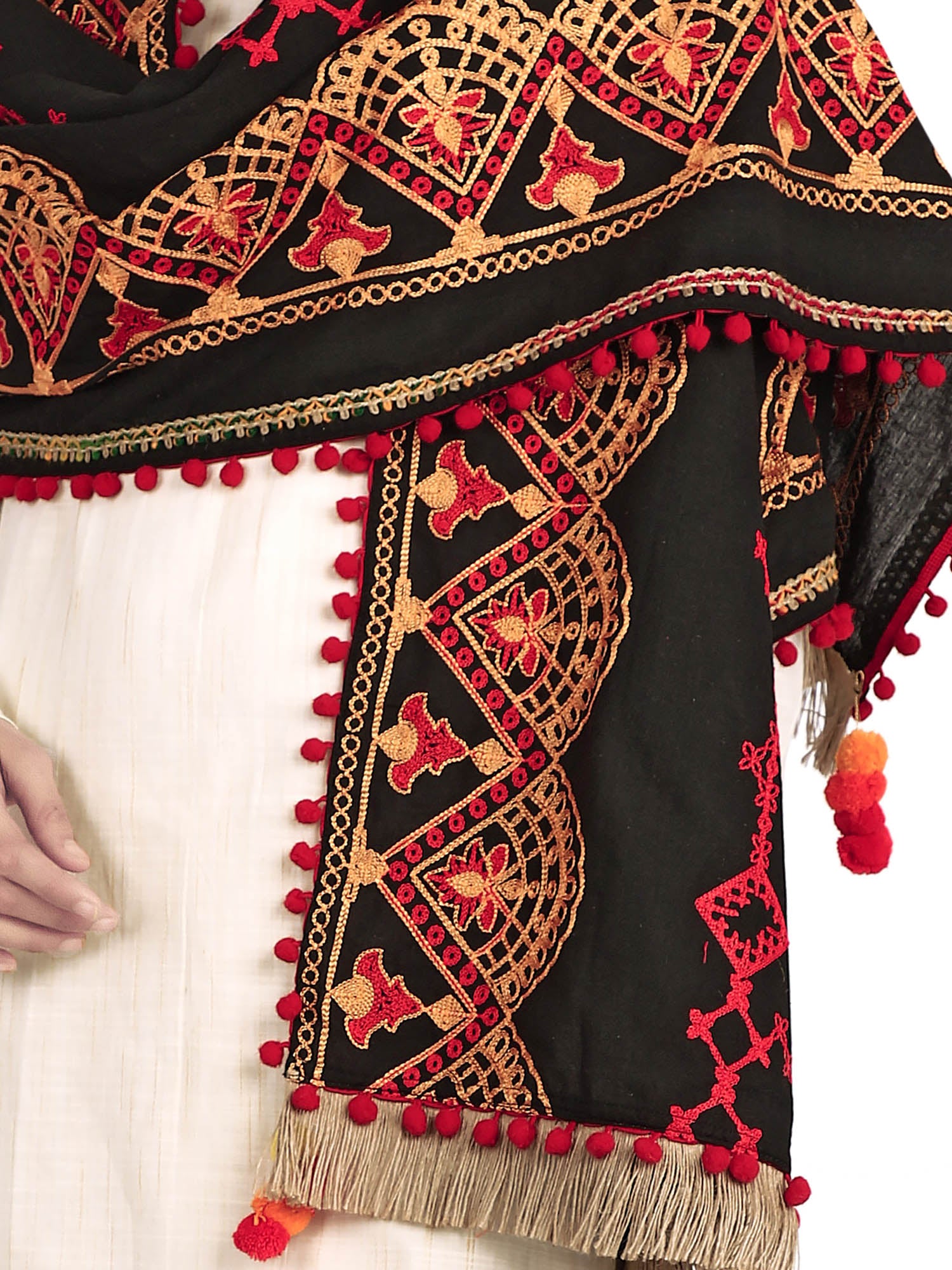 Women's Black Traditional Embroidered Linen Festive Dupatta - MESMORA FASHION