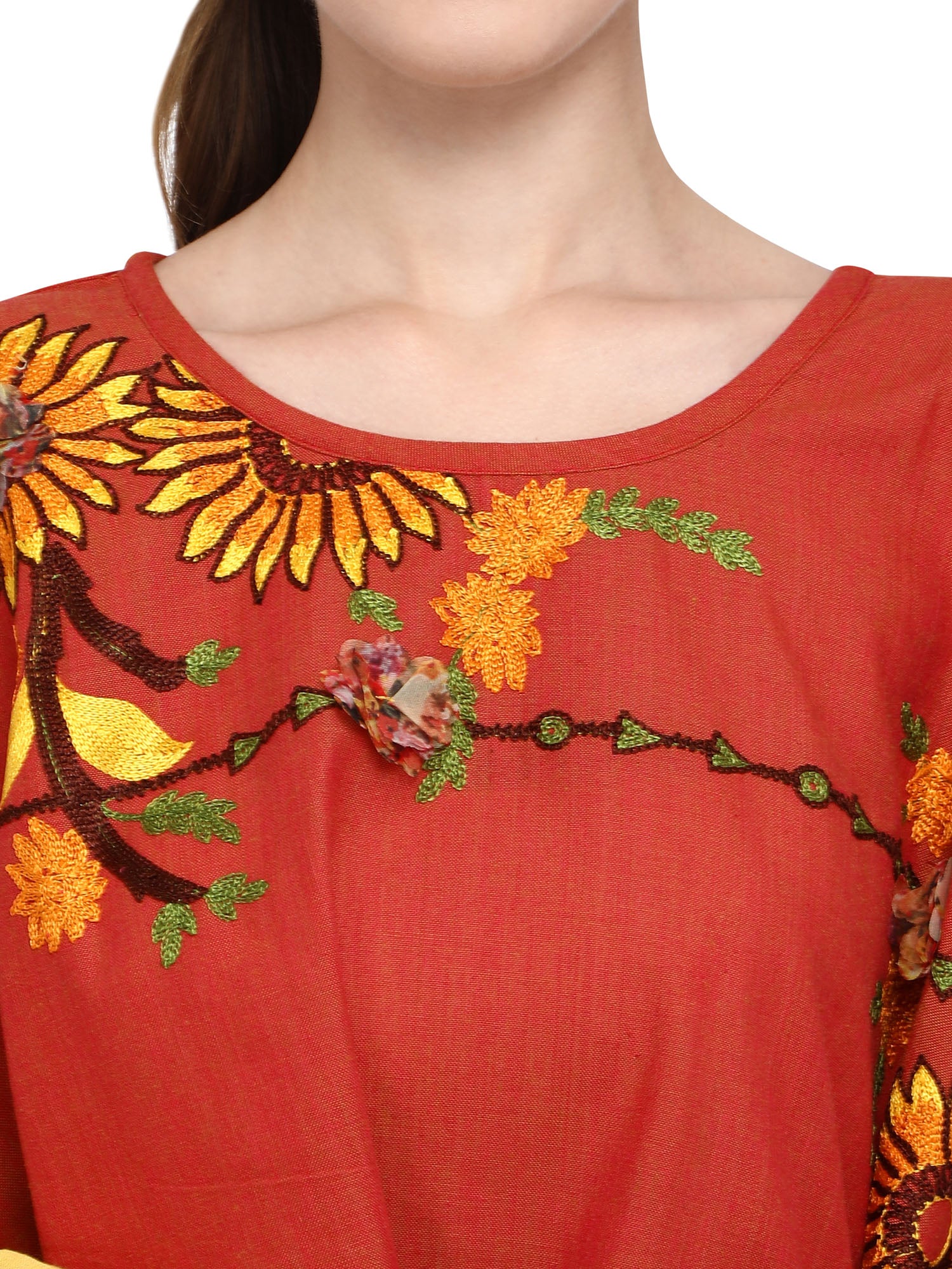Women's  Rust Sunflower Embroidery Assymetric poncho - MESMORA FASHION