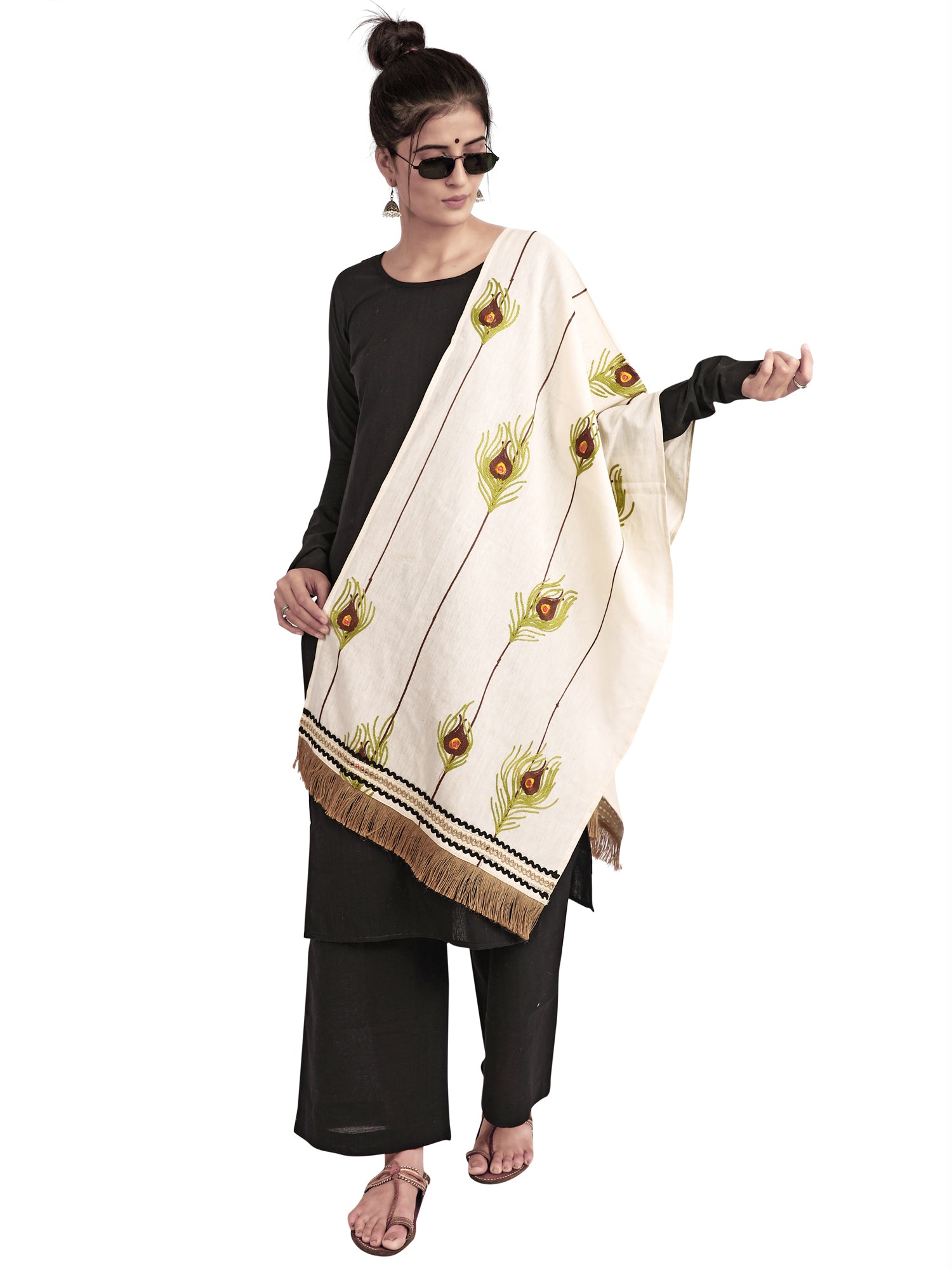 Women's  Pure Khadi Off White Peacock Feather Embroidered stole - MESMORA FASHION