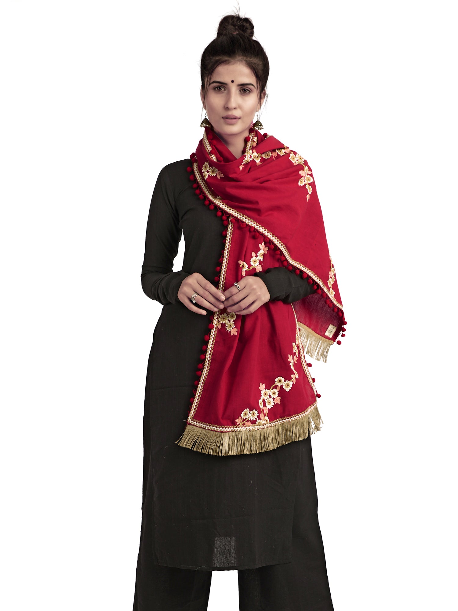 Women's  Pure Khadi Blood Red Embroidered stole or Dupatta - MESMORA FASHION