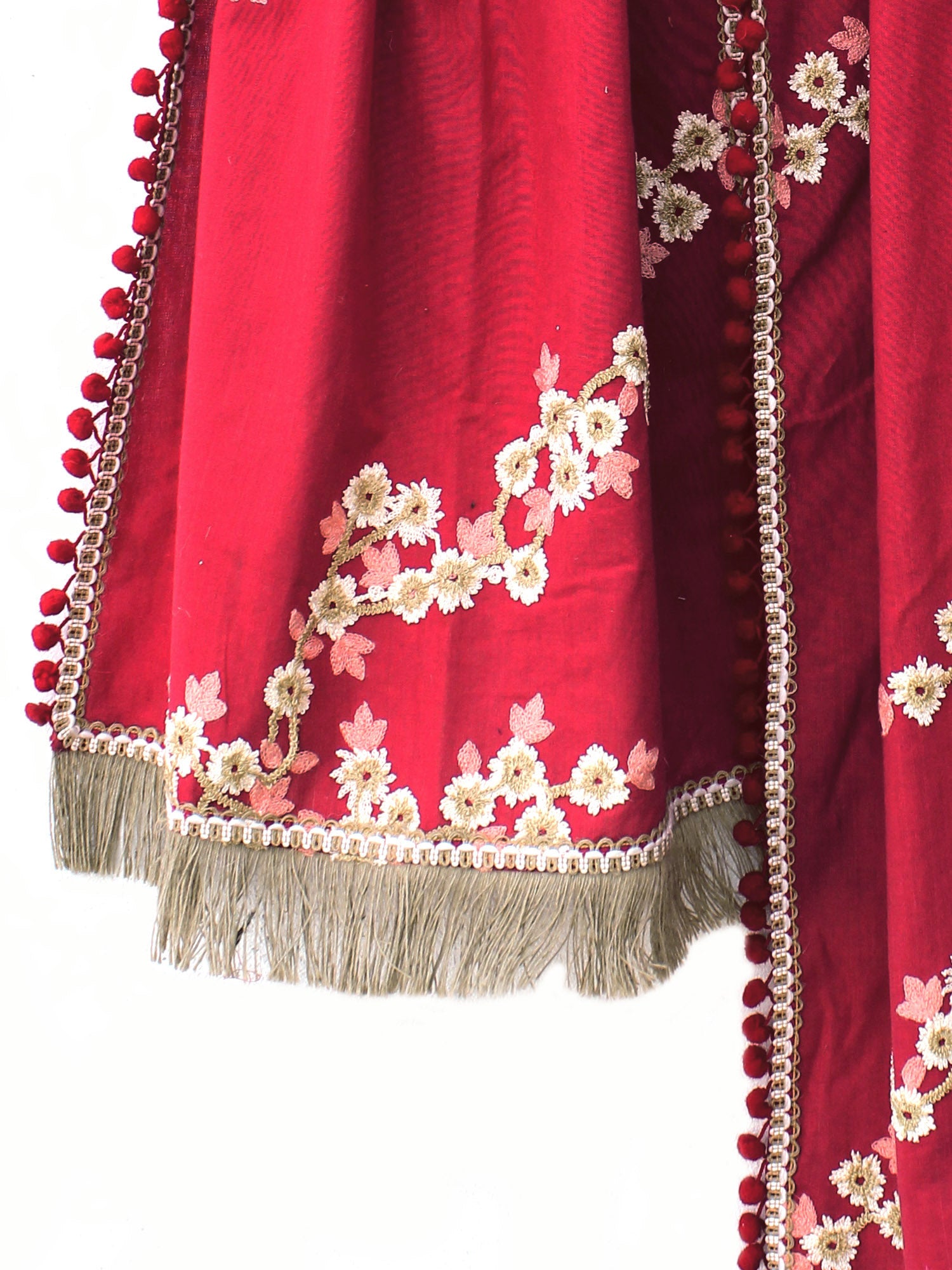 Women's  Pure Khadi Blood Red Embroidered stole or Dupatta - MESMORA FASHION