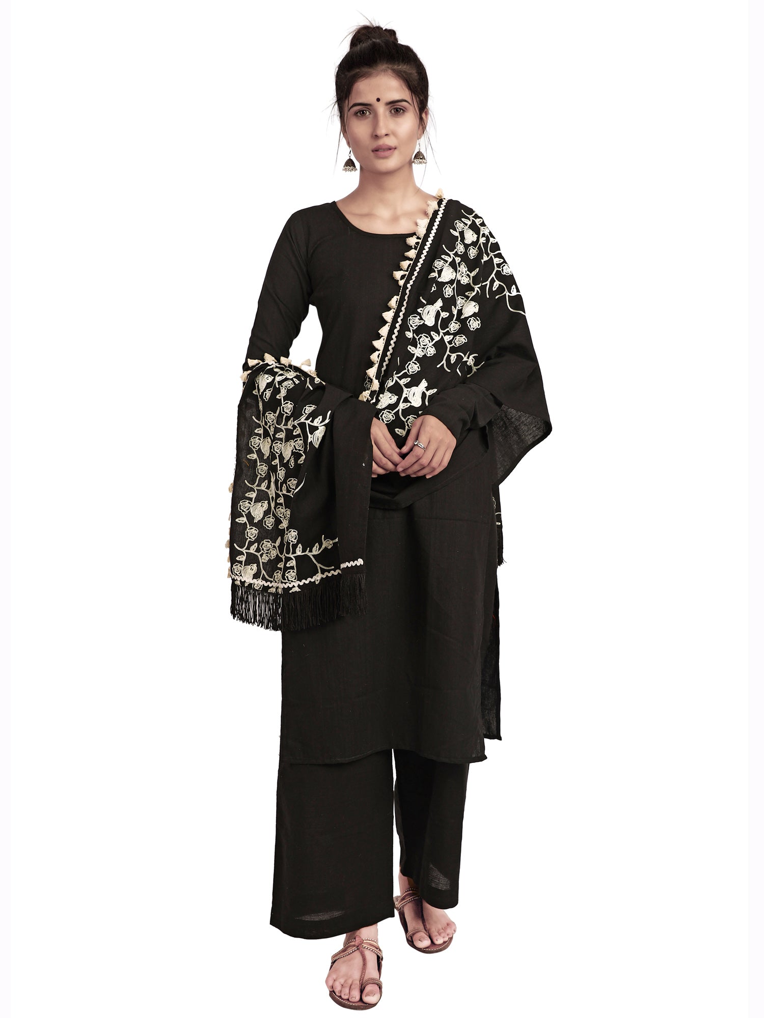 Women's  Pure Khadi Black Color Floral Embroidered stole or  Dupatta - MESMORA FASHION