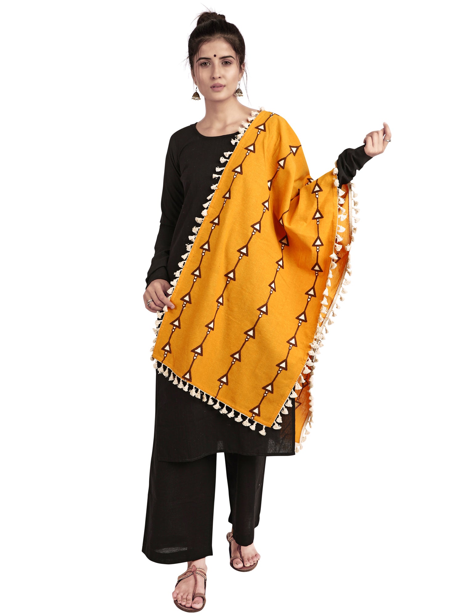 Women's  Pure Khadi Mustured stole or Dupatta with Off White Tassel Lace - MESMORA FASHION