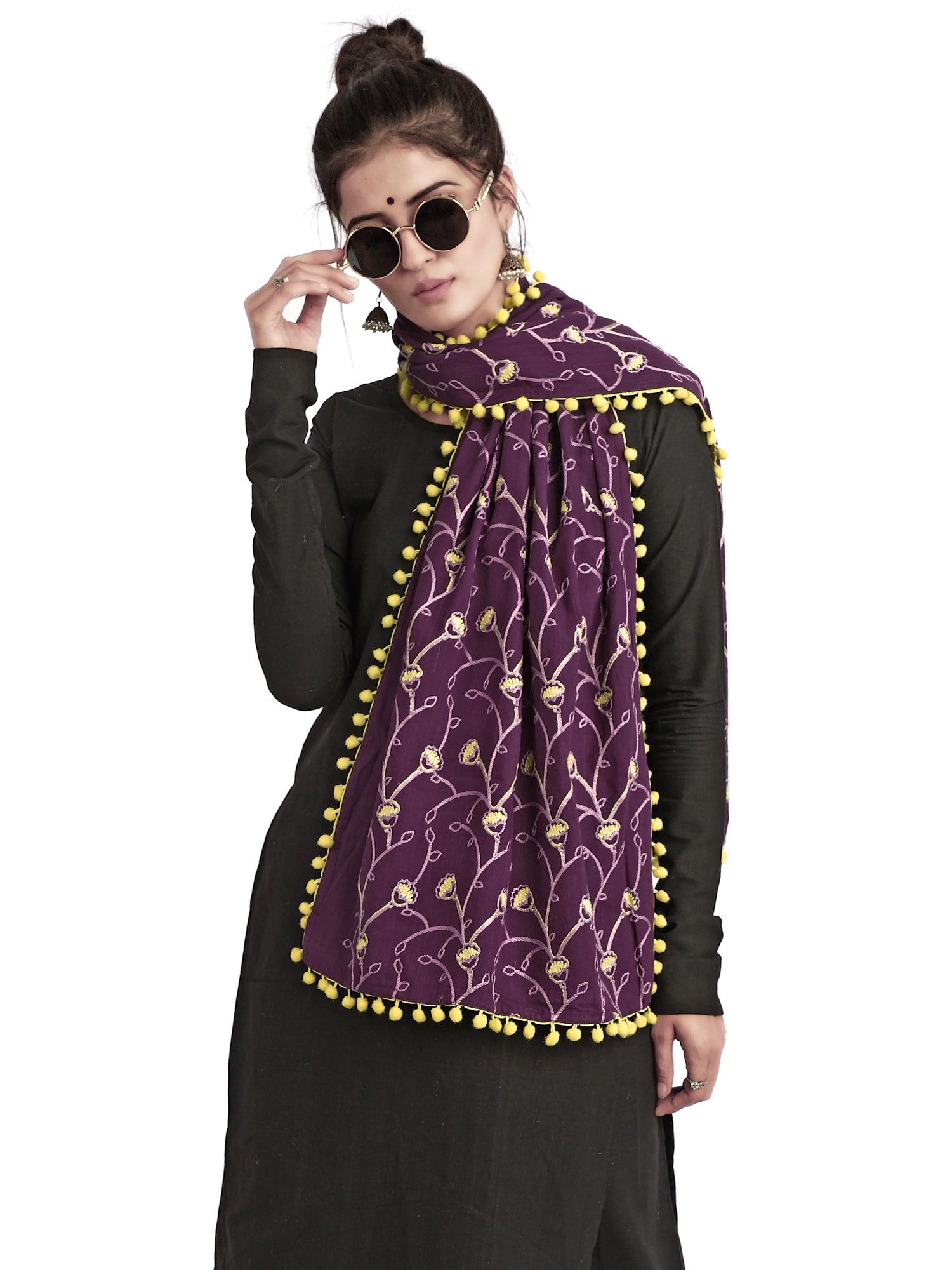 Women's  Purple Khadi Dupatta or stole With Yellow Pompom - MESMORA FASHION