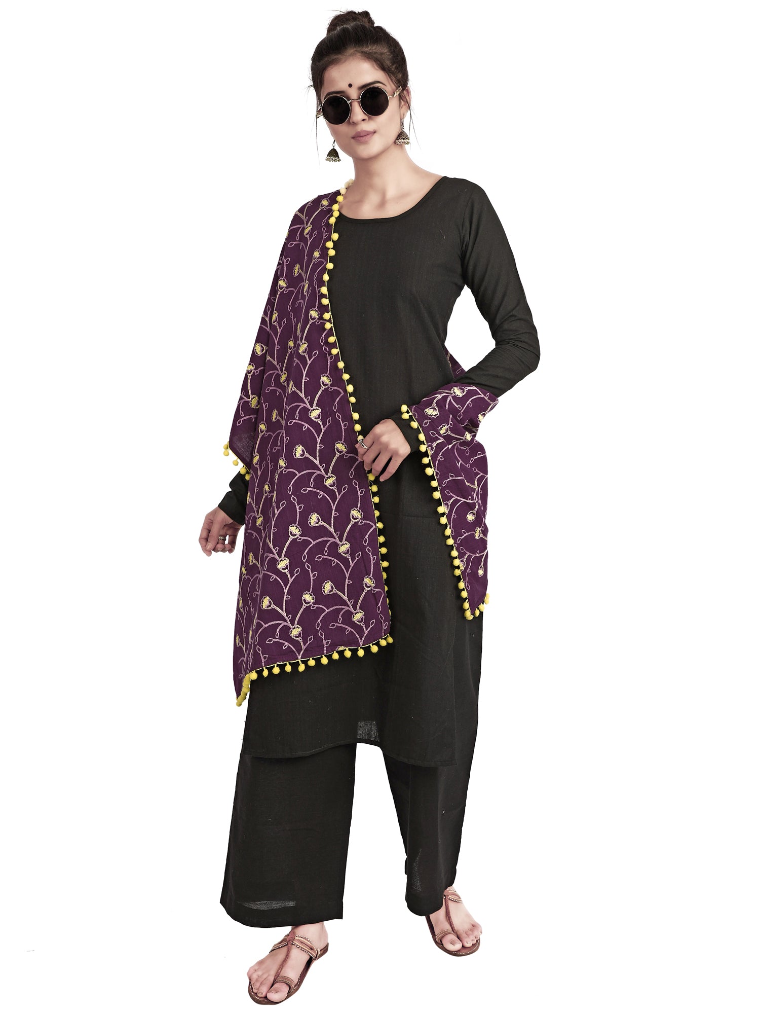 Women's  Purple Khadi Dupatta or stole With Yellow Pompom - MESMORA FASHION
