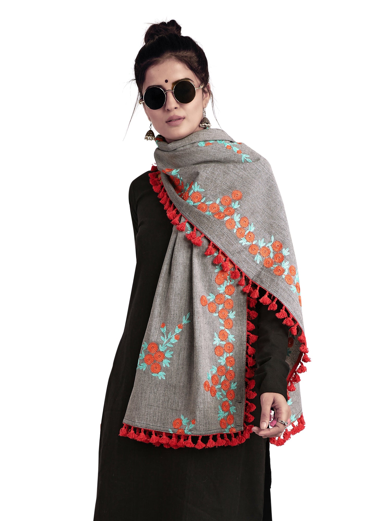 Women's  Pure Khadi Floral Embroidered Dupatta With Tassel Lace - MESMORA FASHION