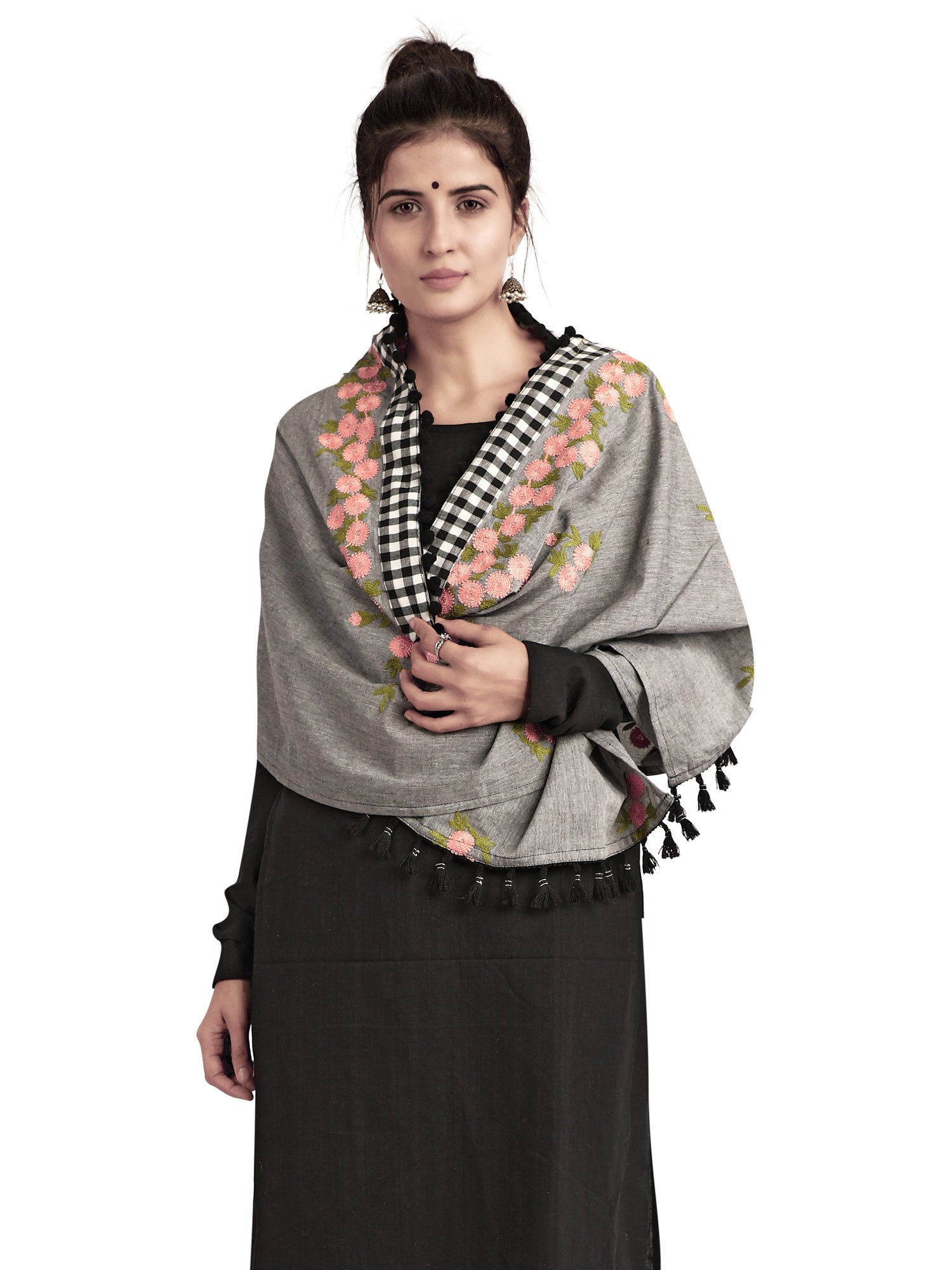 Women's  Pure Khadi Gray Chex Border Embroidered Dupatta - MESMORA FASHION