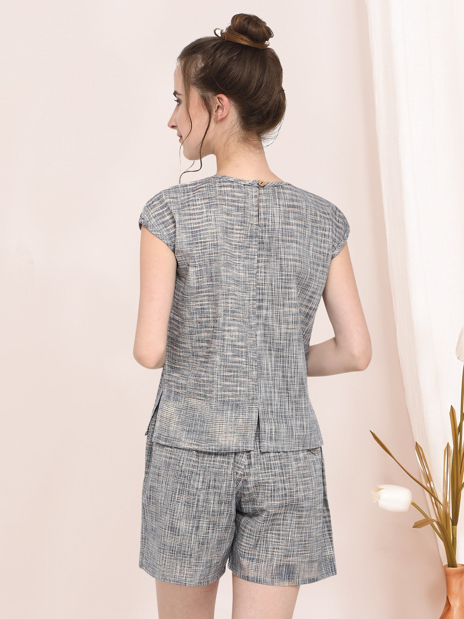 Women's Grey Slub cotton short night suit set(2 pieces) - MESMORA FASHION