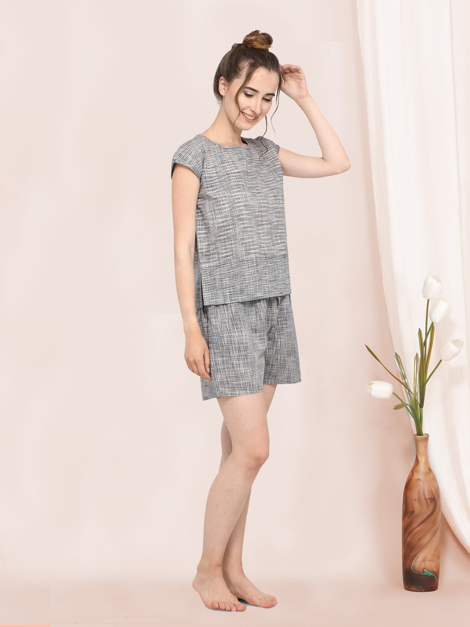 Women's Grey Slub cotton short night suit set(2 pieces) - MESMORA FASHION