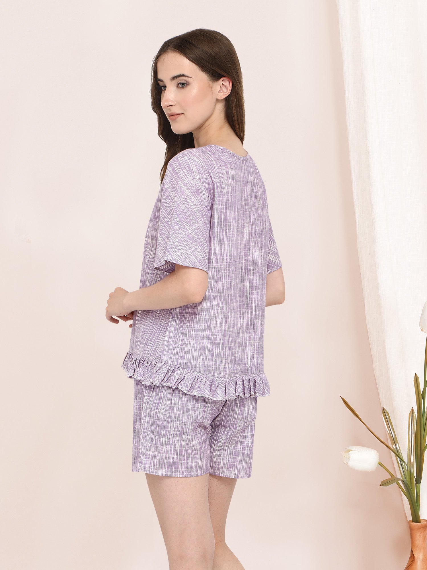 Women's Lavender Cotton short  night suit set(2Pieces) - MESMORA FASHION