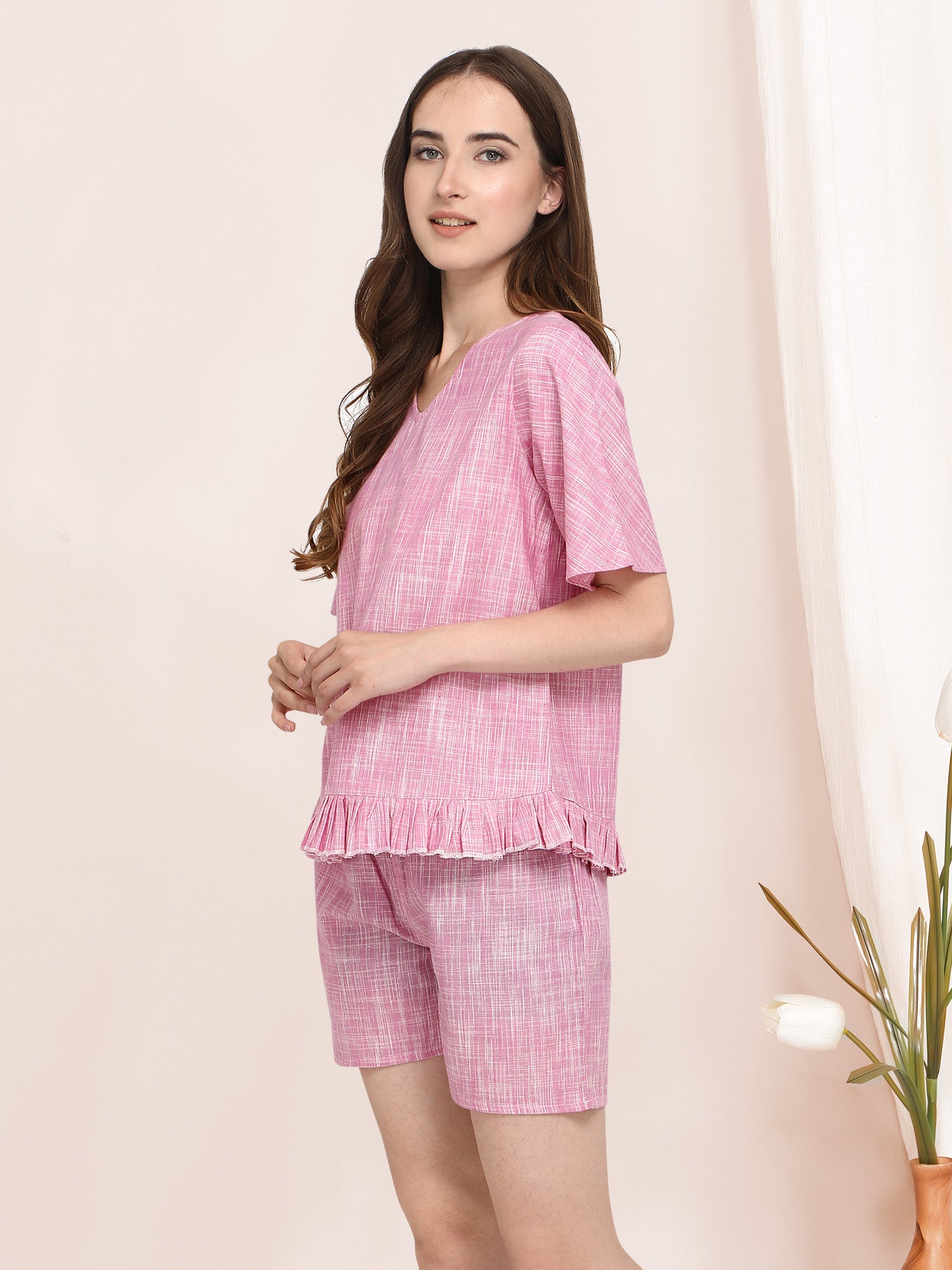 Women's Baby pink short  night suit set(2Pieces) - MESMORA FASHION