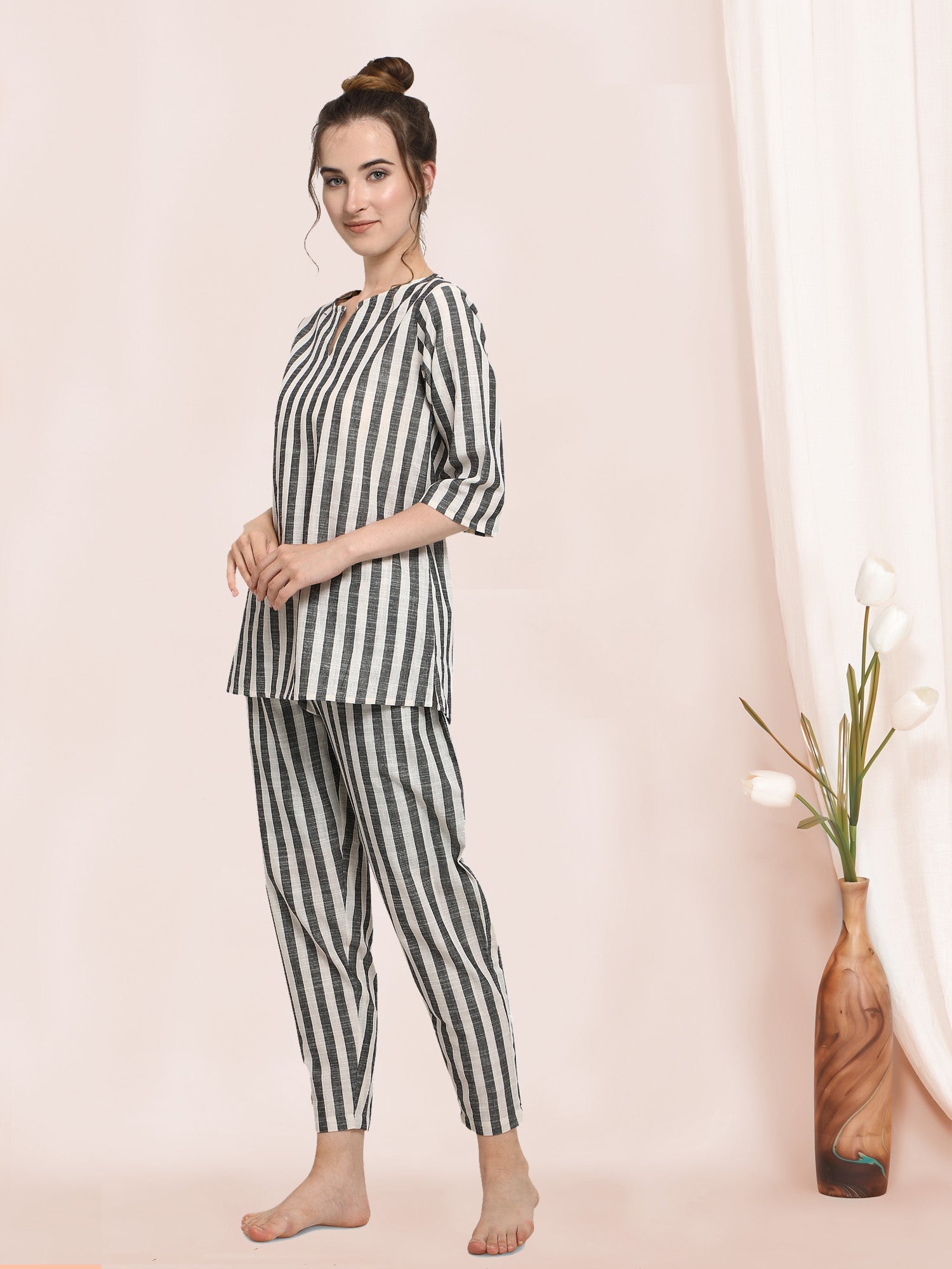 Women's Stripe Grey Pure Cotton Pajama Lounge Wear - MESMORA FASHION